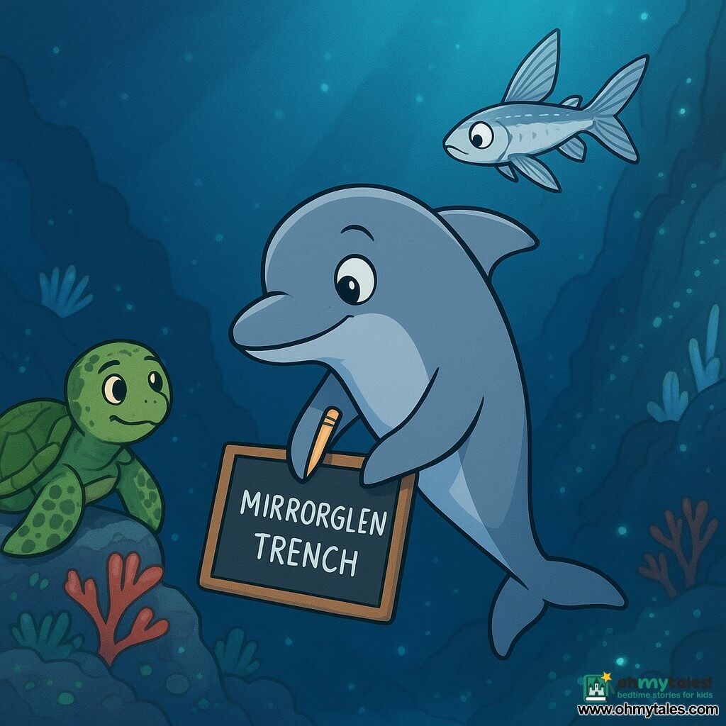 A smiling, determined bottlenose dolphin with smooth gray-blue skin and bright expressive eyes holds a black slate tied to its fin and writes gently with a waterproof pencil, focused and calm; a nervous but brave silver-finned flying fish hovers just above and slightly behind to the right watching the surface; a wise old green sea turtle with an algae-covered shell and benevolent gaze rests on a coral rock at the bottom left observing; in the background a trench wall studded with mirror-like crystals, white glass sponges, red sea fans and small bioluminescent organisms cast blue and green points of light; the dolphin writes Mirrorglen Trench on the slate at the edge of a deep trench, soft mysterious mood, deep blues, sea-greens and silver accents, smooth luminous textures and a clear centered composition emphasizing discovery and reverence.