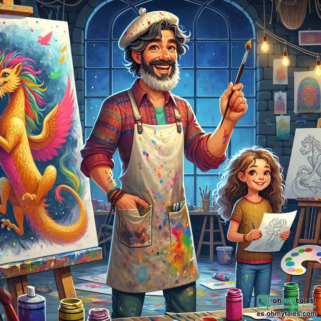 Un hombre de mediana edad, llamado Adrián, se encuentra en el centro de su estudio de arte, con una sonrisa cálida y ojos brillantes de pasión. Lleva una camisa colorida, pantalones de lona y una vieja boina manchada de pintura, mientras sostiene un pincel en una mano y un tubo de pintura en la otra, listo para compartir su amor por el arte. A su lado, una niña de 8 años, Sofía, con cabello castaño y rizado, observa admirada un gran mural lleno de colores vivos que ella ayudó a pintar. Lleva una bata de pintora manchada y sostiene una paleta de colores brillantes. Un niño de 9 años, Lucas, con cabello rizado y desordenado, está un poco más atrás, dibujando un dragón en una hoja, con los ojos brillantes de emoción. El estudio es un espacio mágico, lleno de lienzos de todos los tamaños, pinceles esparcidos y botes de pintura multicolores, con rayos de luz filtrándose a través de grandes ventanas, iluminando las creaciones de los niños. La escena principal muestra a Adrián y a los niños reunidos alrededor de un gran mural, colaborando alegremente para crear una hermosa obra, cada uno añadiendo su toque personal, mientras risas e intercambios de ideas resuenan en el aire.