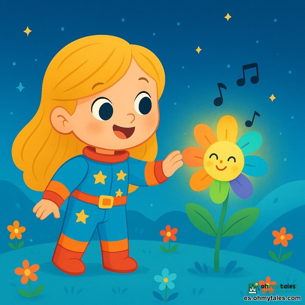 Una joven, Ana, con largos cabellos dorados y ojos brillantes, sonríe con asombro al tocar una flor que brilla. Lleva un traje espacial colorido, con estrellas dibujadas, y está sobre un suelo suave y esponjoso. Cerca, una flor cantarina de pétalos multicolores emite notas alegres, creando una atmósfera mágica. El paisaje es un hermoso planeta azul, con suaves colinas y flores brillantes que bailan al ritmo de la música. El cielo es de un azul profundo, salpicado de pequeñas estrellas brillantes. La escena principal muestra a Ana descubriendo este mundo encantador, maravillada por la belleza de las flores cantantes que la rodean, mientras la suave melodía resuena en el aire.