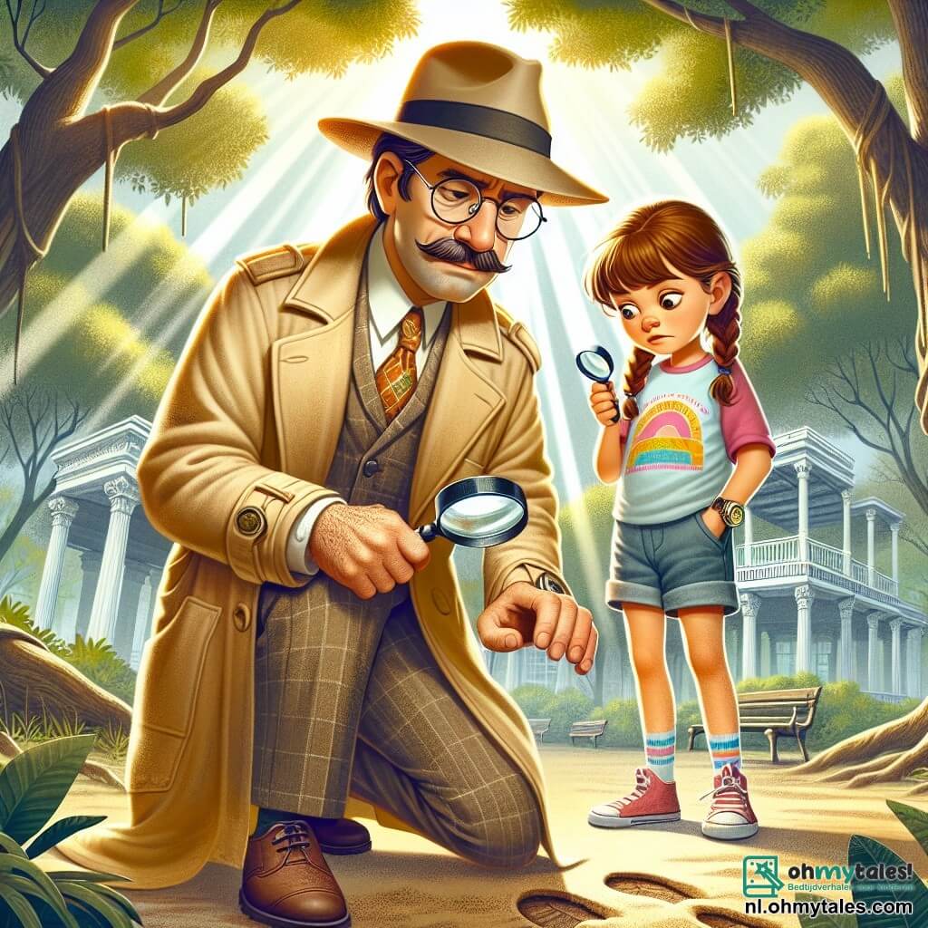Een detective man van ongeveer 40 jaar met een verzorgde snor en ronde bril draagt een beige trenchcoat en een fedora-hoed. Hij heeft een geconcentreerde en vastberaden uitdrukking op zijn gezicht terwijl hij voetafdrukken in het stof op de grond onderzoekt met een vergrootglas in de hand. Naast hem staat een 12-jarig meisje, Sophie, met bruin gevlochten haar, gekleed in een kleurrijk t-shirt en een short. Ze kijkt bezorgd naar haar vermiste broer met haar handen op haar hart geklemd. De setting is een oud, groen park met majestueuze bomen, een grote speeltuin op de achtergrond en een oud paviljoen dat half verborgen is door het loof. Zonnestralen schijnen door de bladeren en creëren een mysterieuze sfeer. De hoofdactie toont de detective en Sophie die op zoek zijn naar aanwijzingen over de verdwijning van Tom, Sophies broer, in een zowel vredige als intrigerende omgeving waar het mysterie in de lucht hangt.