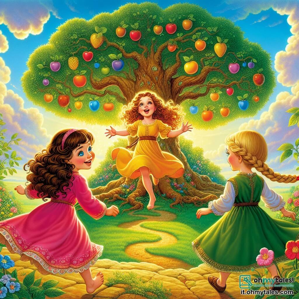 Tre ragazze, Sofia, Giulia e Martina, si trovano al centro di un'isola magica, circondate da grandi alberi dai tronchi argentati e fiori vivaci. Sofia, una ragazza di 10 anni con capelli castani e ricci, indossa un vestito giallo brillante e sorride meravigliata guardando un grande albero al centro dell'isola. Giulia, una ragazza di 9 anni con capelli biondi e lisci, salta di gioia, vestita con una tunica rosa, gli occhi brillanti di eccitazione. Martina, una ragazza di 10 anni con capelli castani e intrecciati, osserva attentamente i frutti colorati appesi ai rami, indossando un vestito verde. L'isola è illuminata da una luce dorata, con un cielo azzurro chiaro punteggiato di nuvole soffici. Al centro, un albero maestoso porta frutti dai colori vivaci: blu, rosso e giallo, simboleggiando amicizia, coraggio e gioia. Il terreno è coperto da un'erba morbida e verde, punteggiata di fiori multicolori. Le tre amiche stanno scegliendo frutti, discutendo allegramente sull'importanza delle loro scelte, mentre una leggera brezza fa danzare le foglie intorno a loro, creando un'atmosfera incantata e piena di promesse.