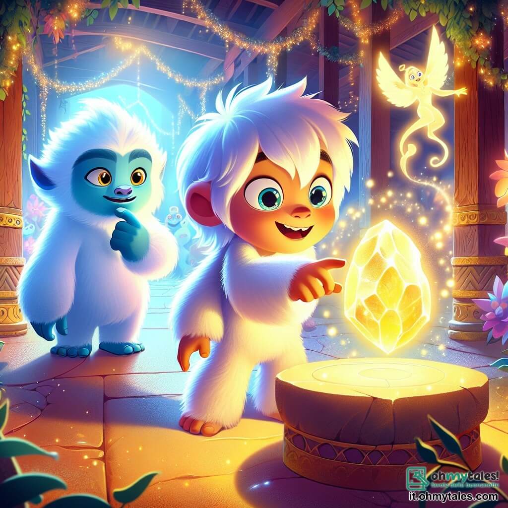 Un giovane yeti di nome Kumo, con una pelliccia bianca brillante e occhi curiosi, si trova al centro della scena con un'espressione di meraviglia e determinazione. Sta osservando una grande pietra luminosa che brilla intensamente davanti a lui, illuminando il suo viso di una dolce luce dorata. Accanto a lui, un djinn di nome Zephyr, fluttuando nell'aria, ha un aspetto etereo con pelle azzurro chiaro e capelli che fluttuano come nuvole. Sorride benevolmente, indicando la pietra per incoraggiare Kumo. Lo sfondo è una maestosa sala della fortezza dell'Albero Gigante, con pareti di legno ornate di liane scintillanti e fiori colorati. La luce dolce filtra attraverso le foglie, creando un'atmosfera magica e accogliente. Kumo sta risolvendo un'antica enigmistica, circondato da creature magiche, mentre la pietra luminosa sembra vibrare di energia, pronta a rivelare i suoi segreti.