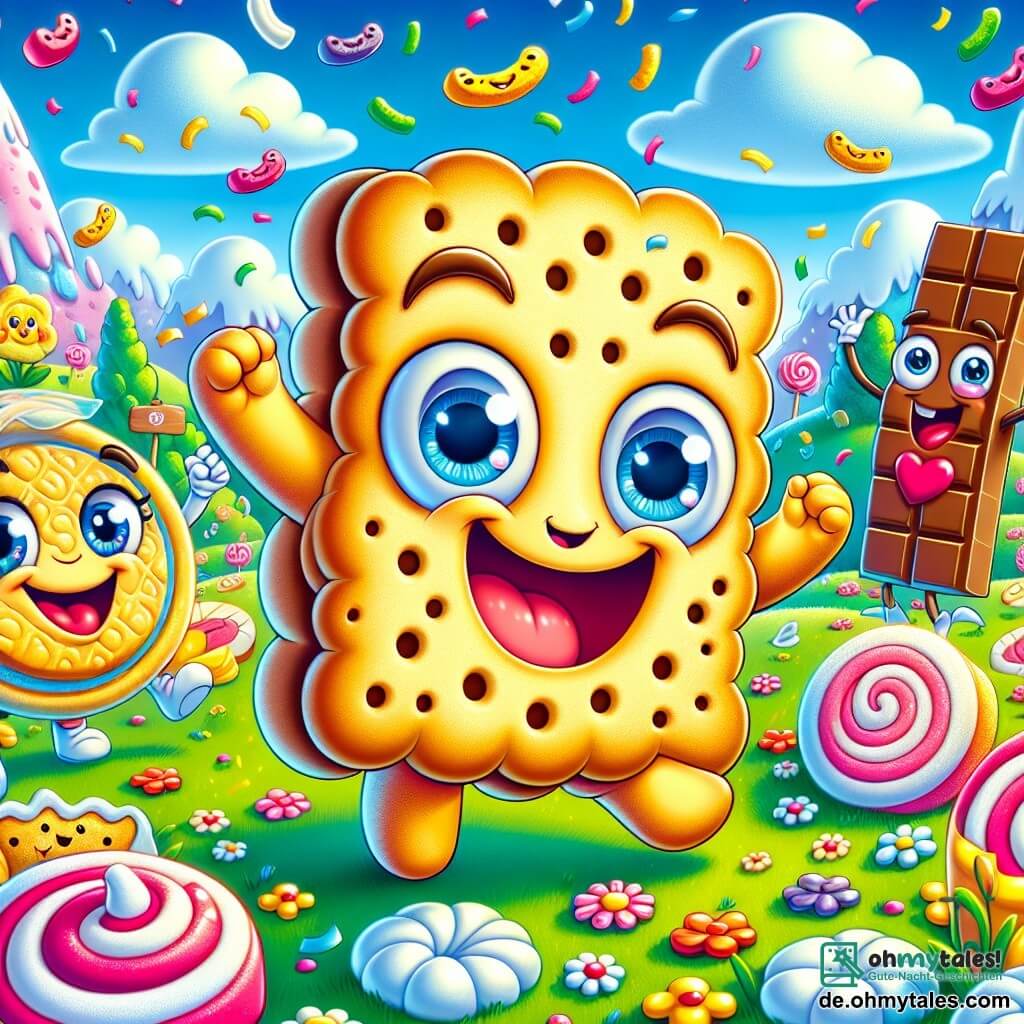 Krümel, ein kleiner lächelnder Keks mit großen runden Augen und einem fröhlichen Lächeln, springt vor Freude in einer bunten Wiese, umgeben von Bonbonblumen und Marshmallowwolken. Neben ihm tanzt Zucki, ein glänzendes herzförmiges Bonbon mit funkelnden Augen und einem breiten Lächeln, begeistert mit erhobenen Armen. Schoko, eine Schokoladentafel mit einem schelmischen Ausdruck, steht etwas im Hintergrund und lacht, während er seine Freunde beobachtet, seine Augen voller Schalk. Die Szenerie ist eine märchenhafte Landschaft mit Zuckerstangenbäumen, kuchenförmigen Hügeln und einem strahlend blauen Himmel, der mit flauschigen Wolken übersät ist. Die Hauptsituation zeigt Krümel und seine Freunde, die ihren Sieg im großen Zuckerglanz-Wettbewerb feiern, umgeben von bunten Konfetti und Lachen, was eine fröhliche und festliche Atmosphäre schafft.