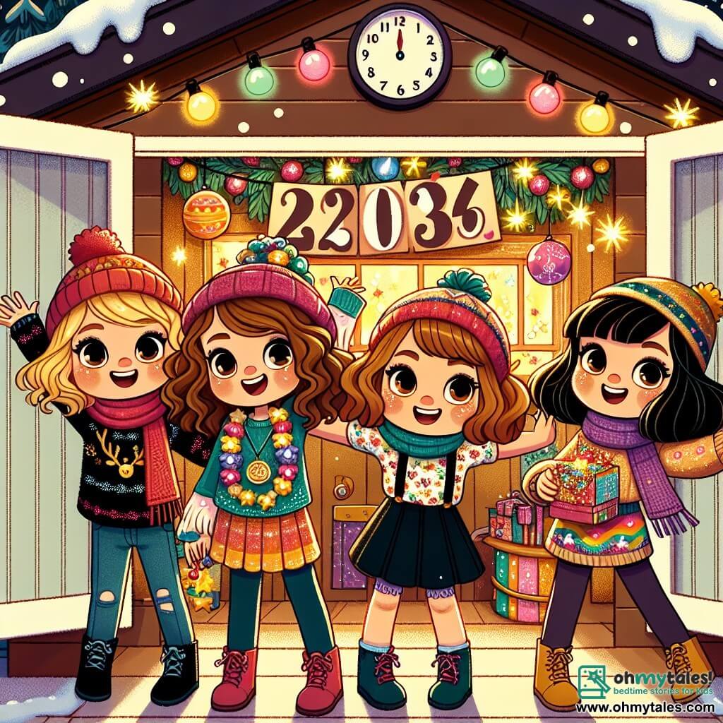 Four 10-year-old girls stand in their clubhouse decorated for New Year's. Lily, with curly brown hair, wears a red hat and a colorful sweater, raising her arms with a big smile, ready to jump. Maya, with straight blonde hair, is on the left holding sparkling garlands and laughing joyfully, wearing a multicolored scarf. Sophie, with wavy brown hair, is on the right holding a glittery box, her eyes sparkling with excitement to share her wishes. Emma, with short black hair, stands slightly back holding a countdown sign, her face lit up with excitement. The clubhouse is a small wooden cabin adorned with twinkling lights and colorful balloons, with snowflakes visible through the window as they gently fall outside. The main scene shows the four friends ready to do the "Jump of Joy" at midnight, their faces glowing with happiness and anticipation as they prepare to jump together to celebrate the new year.