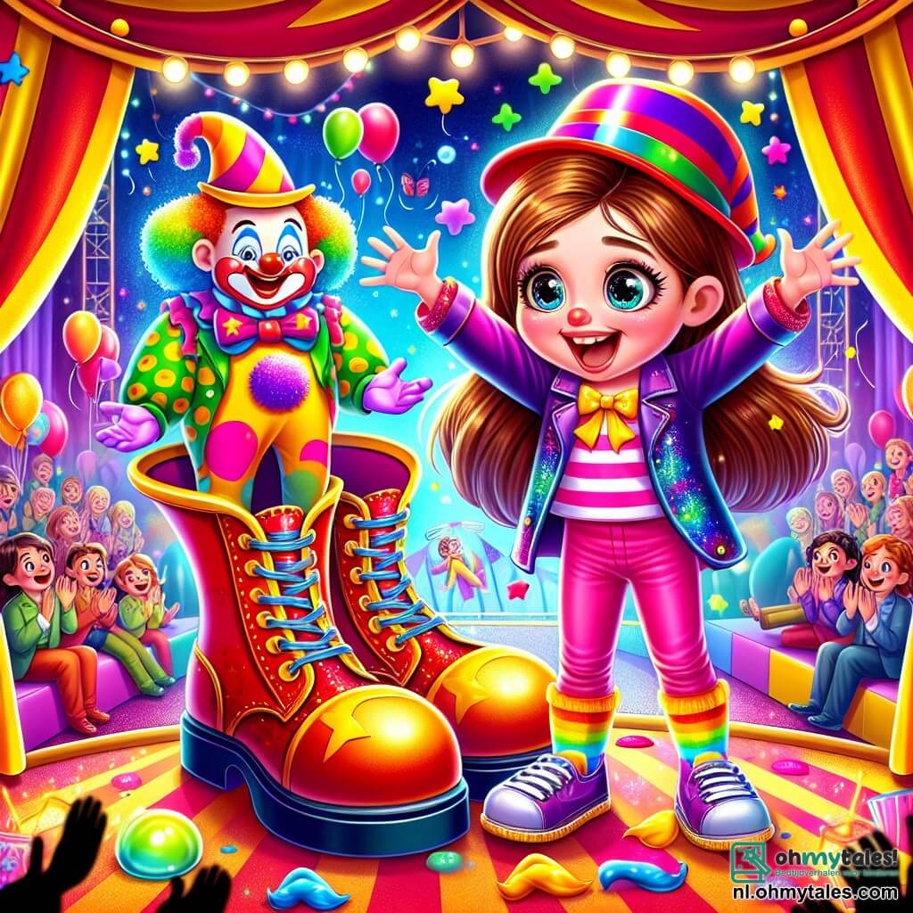 Een 8-jarig meisje, Lila, met lange bruine haren en sprankelende ogen, draagt een grote, glanzende rode clownshoed. Ze glimlacht verwonderd met open armen in het midden van het podium. Naast haar staat clown Boefje, een man van ongeveer 30 jaar met een wit geschilderd gezicht en een rode neus, die lachend struikelt over zijn grote, kleurrijke schoenen. De locatie is een levendige circustent, gevuld met felle kleuren: rode en gele strepen, zwevende ballonnen en fonkelende lichten. Achterin speelt een olifant met bellen, terwijl acrobaten door de lucht vliegen. Lila, verrast en blij, ontdekt dat ze een circusartiest is geworden nadat ze een magische hoed heeft gevonden. De toeschouwers applaudisseren en lachen, wat een feestelijke en betoverende sfeer creëert.