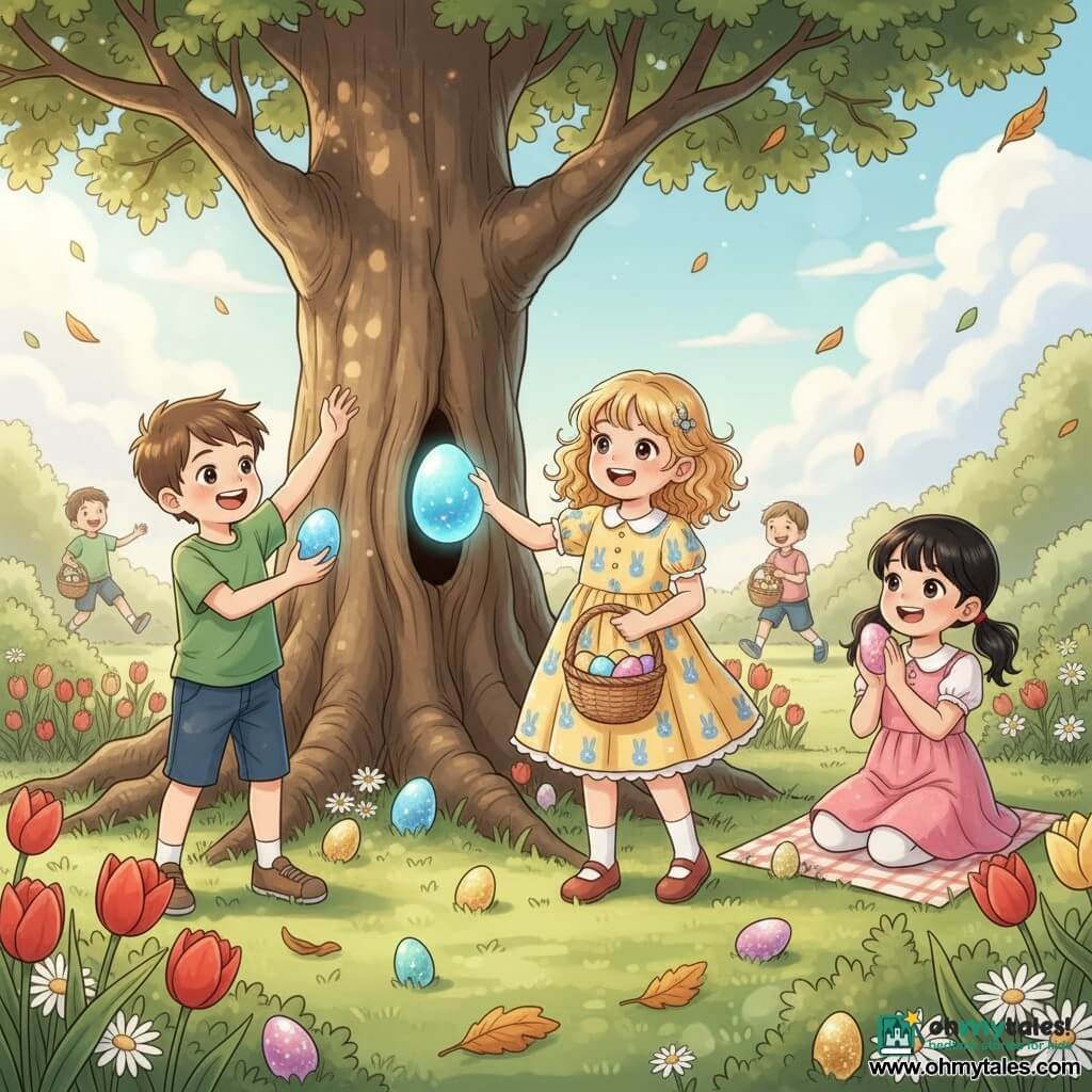 A radiant 6-year-old girl, Lily, with curly blonde hair in a yellow dress patterned with small blue bunnies, holds a wicker basket of colorful eggs after finding a large blue egg behind a tree trunk; nearby a cheerful 6-year-old boy, Ben, with short brown hair and a green t-shirt, holds a shiny blue egg aloft by a flowerbed; a 6-year-old girl, Mia, with black pigtails in a pink dress sits on the grass clapping while holding a glittery pink egg beside a small patterned mat. The garden is a fresh green lawn dotted with red tulips, white daisies and a large oak with exposed roots under a clear blue sky with soft sun rays. Lively Easter egg hunt scene with wicker baskets, multicolored eggs (blue, pink, yellow, green, purple, gold glitter) hidden among flowers and bushes, children laughing and running, bright pastel-saturated colors, warm morning light, childlike manga style with soft features, clear outlines and painted textures, composition centered on Lily near the trunk to capture her joyful expression.