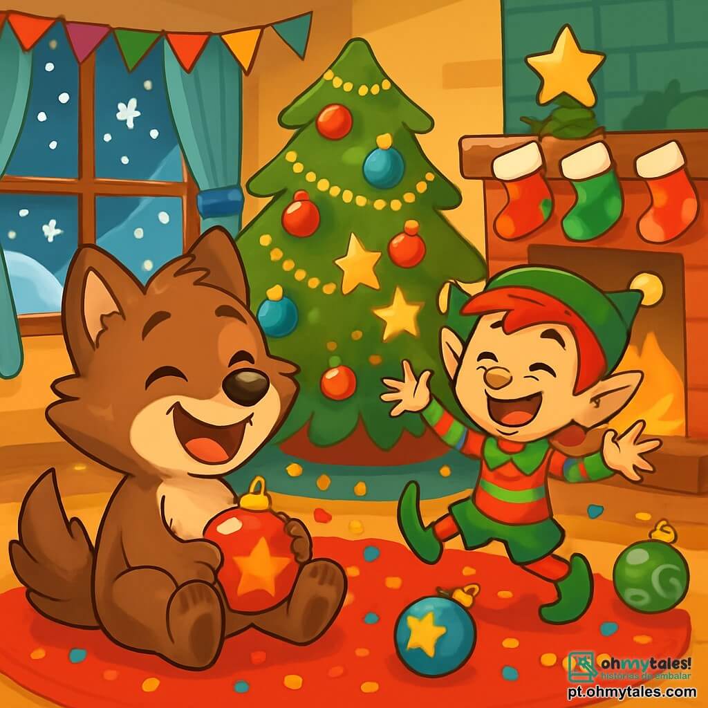 Um pequeno lobo chamado Lucas, com pelagem marrom suave e olhos brilhantes de curiosidade, está rindo alto, sentado em um tapete vermelho macio, cercado por decorações de Natal espalhadas. Ele segura uma bola de Natal brilhante com suas patas dianteiras, sua expressão é alegre e travessa. Ao lado dele, um duende travesso chamado Pipo, com cabelos vermelhos bagunçados, orelhas pontudas e uma roupa listrada vermelha e verde, faz caretas enquanto jongla com estrelas cintilantes. Seu rosto está iluminado por um sorriso malicioso, e ele pula alegremente ao redor de Lucas. A cena ocorre em uma aconchegante sala de estar decorada para o Natal, com uma grande árvore iluminada, guirlandas coloridas e meias de Natal penduradas acima de uma lareira crepitante. Flocos de neve caem suavemente do lado de fora através de uma janela, adicionando um toque mágico à atmosfera. Lucas e Pipo se divertem reorganizando as decorações de Natal, rindo juntos enquanto criam uma bagunça alegre, com bolas de Natal penduradas de forma lúdica e confetes espalhados ao redor deles.