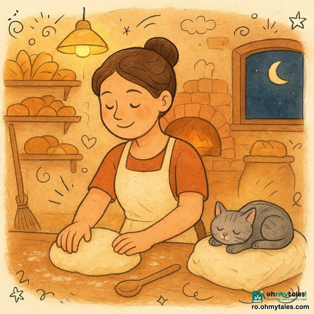 O femeie brutar în jur de treizeci de ani, păr brun prins într-un coc lejer, față rotundă cu obraji pudrați cu făină, zâmbitoare și blândă, atinge o bilă de aluat pe o masă mare de lemn; o pisicuță gri, Miez, cu ochi verzi, somnoroasă pe un sac de făină în dreapta mesei; nicio altă persoană. Brutăria este primitoare: rafturi de lemn cu pâini aurii și brioșe, un cuptor mare din cărămidă roșie în spate, saci de făină deschiși și un mop sprijinit de perete; o lampă suspendată emite lumină galbenă caldă și lumina lunii pătrunde pe fereastră. Moment liniștit de seară în care brutarul alege rețeta pentru a doua zi, degetele acoperite de făină, bucăți de aluat și o lingură de lemn lângă un bol; abia perceptibile volute care sugerează vanilie și scorțișoară. Paletă caldă (ocru, maro, galben) cu accente gri și albastru închis la fereastră; stil ilustrație pentru copii, linii moi, texturi de cretă și acuarelă, compoziție centrată pe femeie și masă.