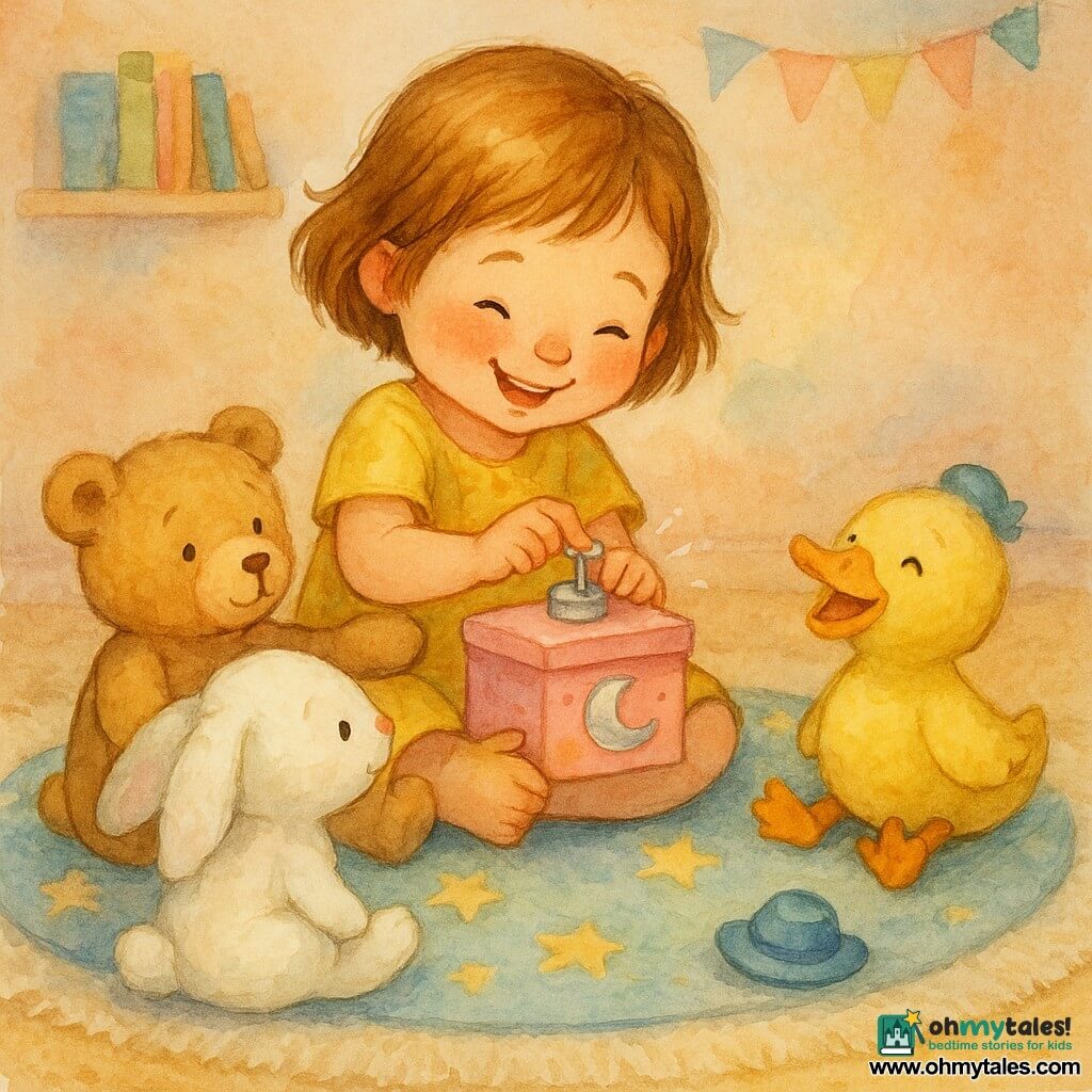 The scene shows 4-year-old Mia, radiant and focused with laughing eyes and rosy cheeks, short light brown hair, sitting on a round star-patterned rug holding a small pink music box with a silver moon and gently turning its knob; a light brown teddy bear (Teddy) to her left with sewn black eyes reaches a paw as if to support the box, a fluffy white rabbit (Bunny) with long drooping ears sits in front, leaning in attentively, and a yellow duck plush (Duck) with a small blue hat sits to the right, laughing silently with its hat fallen on the rug; the pastel child’s bedroom has peach walls, a low shelf of colorful books, a bunting, a cream textured rug and scattered toys, bathed in soft light and watercolor-like shadows; the main moment is a warm, tender scene where friends gently help the music box stop hiccuping, with quiet laughter and small watercolor splashes suggesting the music’s movement.