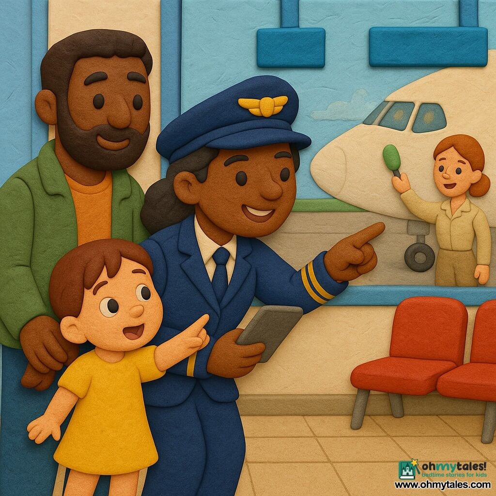 A warm-faced female pilot (Captain Nora) in a navy uniform with gold stripes leans toward an airport window, pointing to the cockpit with one hand and holding a small control tablet in the other, while a wide-eyed little girl (Mia, about 4) in a yellow dress, brown pigtails, holds her father’s hand and mimics the gesture; the father (about 35, light beard, green jacket) stands behind her smiling, a flight attendant in a light uniform waves a small green guiding lamp in the background to the right, and through the large terminal window you can see shiny tiled floors, red waiting seats, blue boarding signs and a large white airplane with a lit cockpit—the scene is reassuring and educational, with clear gestures, simple silhouettes, bright colors, smooth thick clay-like textures, soft shadows and rounded forms.