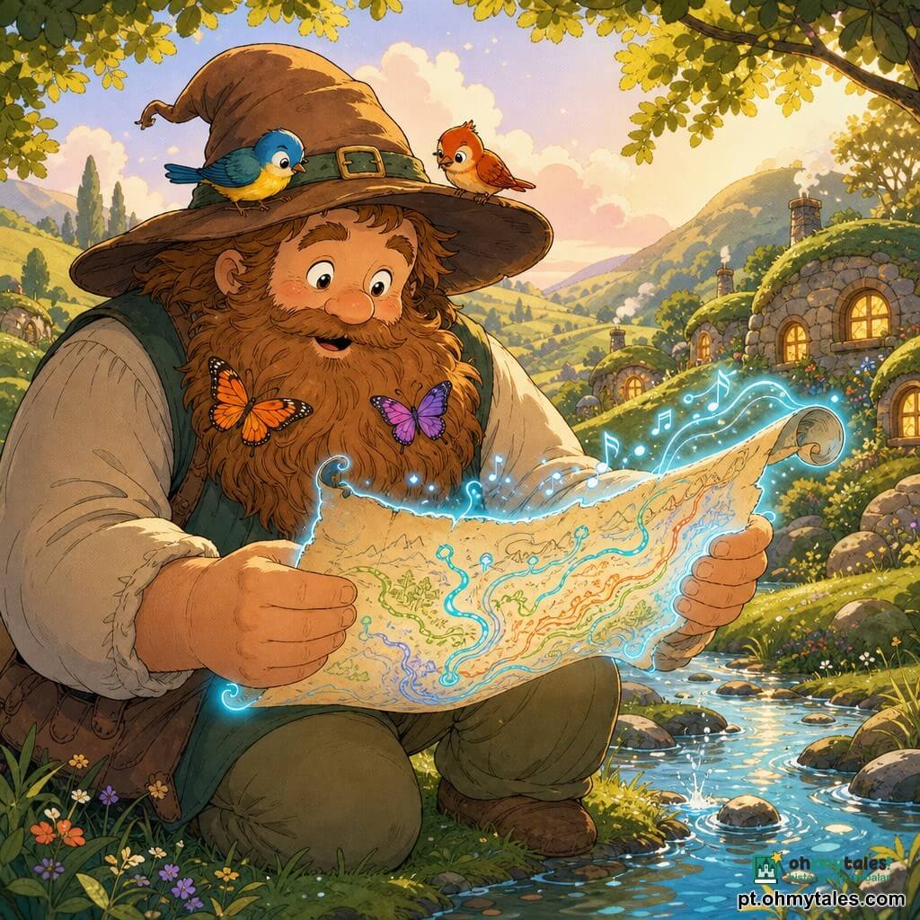 Um gigante chamado Baltazar, grande e redondo, rosto sereno e sorriso terno, ajoelhado junto a um ribeiro de água clara segurando delicadamente um grande mapa- pergaminho animado e luminoso que emite uma aura azul e notas como ondas; dois passarinhos de cores vivas pousam em seu largo chapéu e dois papilões de asas laranja e roxa repousam em sua barba; ao redor uma vale de colinas verdes e macias, casinhas de pedra com janelas cor de mel sob um céu pastel, atmosfera calorosa, pacífica e mágica com raios dourados filtrando pelas árvores.