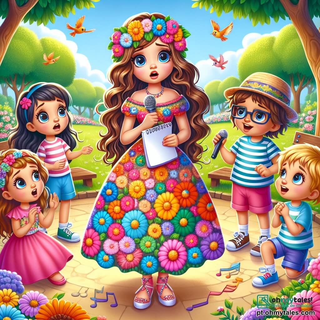 Lila é uma jovem com longos cabelos cacheados e um vestido colorido adornado com flores. Ela tem um olhar inquieto, mas determinado, segurando um bloco de notas em uma mão e um microfone na outra, em pé no centro do parque. Ao seu redor, um grupo de quatro crianças alegres: uma menina de 8 anos com tranças e uma camiseta listrada, um menino de 7 anos com óculos e um chapéu de palha, uma menina de 6 anos com um vestido rosa e uma coroa de flores, e um menino de 9 anos com uma camiseta azul e um grande sorriso. Eles estão todos em círculo ao redor de Lila, olhando com admiração e impaciência. O parque está cheio de árvores verdes, flores coloridas e bancos de madeira. Um grande céu azul se estende acima deles, e pássaros cantam nos galhos. A cena principal mostra Lila, sem voz, buscando inspiração para criar uma nova canção com a ajuda das crianças, todos unidos em uma atmosfera alegre e criativa.