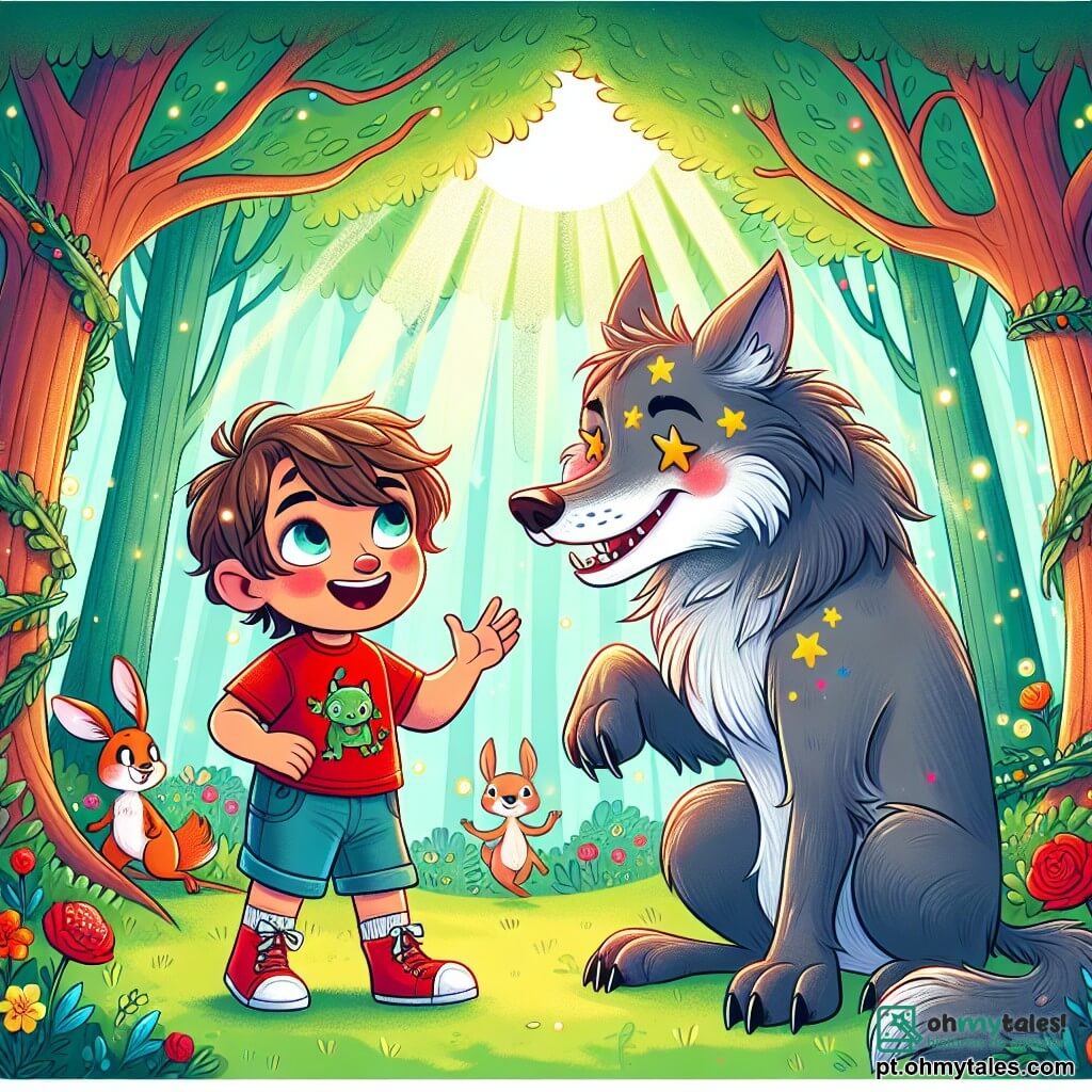 Um garoto de 6 anos, chamado Tomás, está corajosamente no centro do palco. Ele tem cabelos castanhos bagunçados, olhos brilhantes de curiosidade e usa uma camiseta vermelha com um pequeno dinossauro e um short azul. Seu rosto expressa uma determinação alegre enquanto ele olha para o Grande Lobo Mau. Ao seu lado, o Grande Lobo Mau, um grande lobo de pelagem cinza e olhos brilhantes como estrelas, está em uma postura amigável, com um leve sorriso no rosto. Ele se inclina em direção a Tomás, pronto para ouvi-lo, mostrando que não é o monstro que todos pensam. A cena ocorre em uma floresta encantada, com árvores majestosas e folhas verdes vibrantes. Flores coloridas dançam ao redor deles, e um suave raio de sol filtra através dos galhos, criando uma atmosfera mágica e acolhedora. A situação principal mostra Tomás e o Grande Lobo Mau conversando alegremente, enquanto animais da floresta, como coelhos e pássaros, os cercam, curiosos e divertidos. Tomás, com um sorriso radiante, estende a mão em direção ao lobo, simbolizando sua nova amizade e a descoberta de que o lobo é na verdade um amigo, não um inimigo.