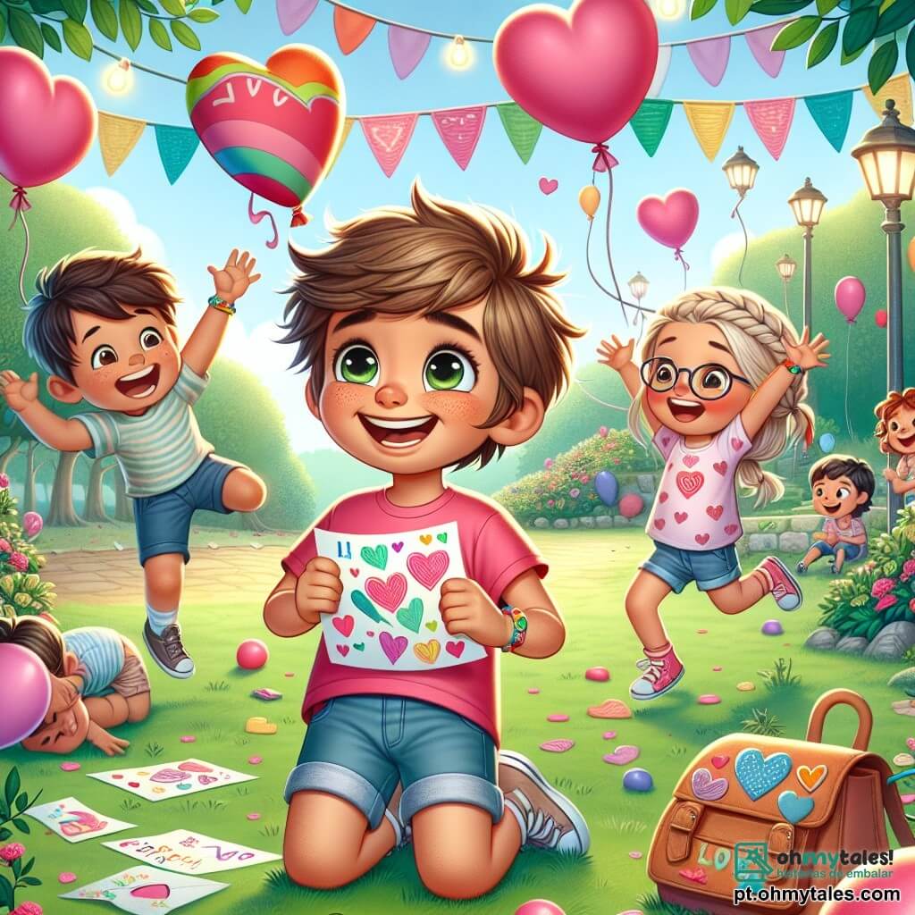 Um menino de 10 anos, Miguel, com cabelos castanhos bagunçados e um grande sorriso, está no centro da imagem, segurando uma carta colorida com um coração desenhado. Seus olhos brilham de excitação e curiosidade enquanto ele olha ao redor, ansioso para descobrir a identidade de seu admirador secreto. À sua direita, Clara, uma menina de 10 anos com cabelos loiros trançados e óculos redondos, está pulando de alegria, com os braços levantados. Ela usa uma camiseta rosa com estampas de corações e um short de jeans. À esquerda, Lucas, um menino de 10 anos com cabelos castanhos e olhos brilhantes, está agachado, procurando em uma mochila colorida um presente para Miguel. Ao fundo, o parque está decorado com balões coloridos e guirlandas em forma de corações, com árvores verdes e crianças brincando alegremente. A cena principal mostra Miguel, Clara e Lucas juntos, cercados por uma atmosfera festiva, enquanto se preparam para celebrar o Dia dos Namorados e descobrir o mistério do admirador secreto de Miguel.