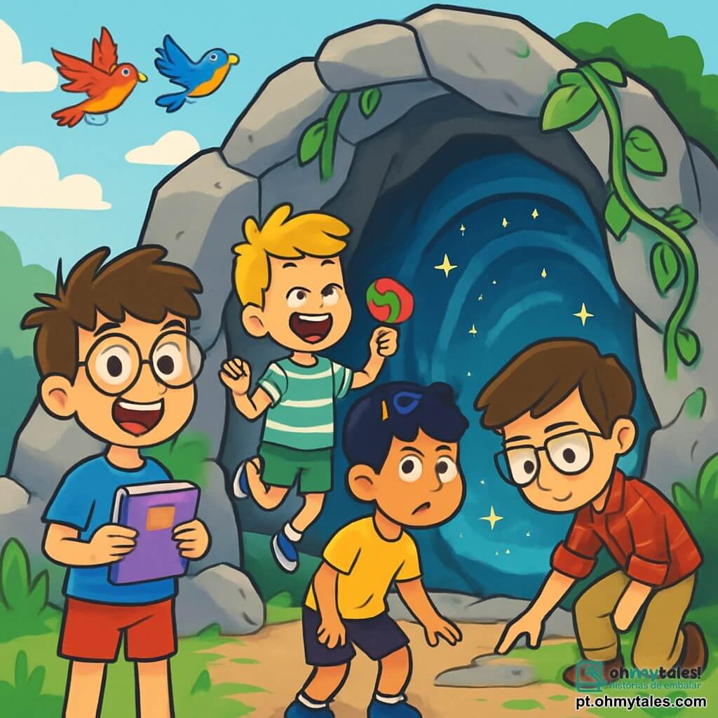 Há 4 crianças: - Bruno: um garoto de 10 anos, com cabelo castanho bagunçado e óculos redondos. Ele usa uma camiseta azul e um short vermelho, segurando um caderno nas mãos, com um grande sorriso no rosto. - João: um garoto de 10 anos, com cabelo loiro e um doce colorido na boca. Ele usa um doce verde e uma camiseta listrada, pulando de empolgação ao lado de Bruno. - Carlos: um garoto de 10 anos, com cabelo negro e óculos de sol na testa. Ele usa uma camiseta amarela e um short preto, olhando com curiosidade para a entrada da caverna. - Miguel: um garoto de 10 anos, com cabelo castanho e óculos. Ele usa uma camisa xadrez e uma calça bege, inclinando-se para examinar o chão perto da entrada da caverna. As crianças estão diante da entrada de uma caverna misteriosa, cercada por grandes pedras cinzas e cipós verdes, com um brilho mágico emanando de dentro. O céu é de um azul brilhante, e pássaros coloridos voam acima delas. A cena mostra as crianças, maravilhadas e um pouco preocupadas, olhando para o espelho ondulante dentro da caverna, que brilha como estrelas, prontas para se aventurar em uma viagem no tempo.