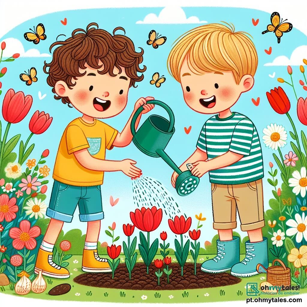 Dois meninos, Luca e Tomás, de 7 anos. Luca tem cabelos castanhos e cacheados, usa uma camiseta amarela e um short azul, e está plantando sementes no jardim. Tomás tem cabelos loiros e lisos, usa uma camisa verde listrada e uma calça bege, e está regando as sementes com um pequeno regador. O jardim está cheio de flores coloridas: tulipas vermelhas, margaridas brancas e rosas cor-de-rosa. O céu é azul com algumas nuvens brancas, e borboletas voam ao redor das flores, adicionando magia à cena. Luca e Tomás se divertem plantando sementes e regando as flores, rindo juntos sob o sol da primavera, cercados pela beleza da natureza que desperta.