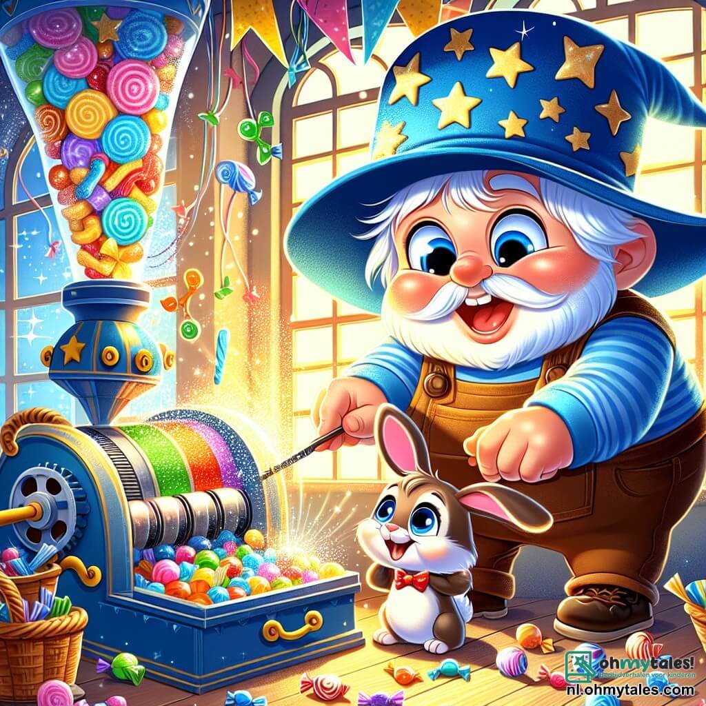 Een man, Henk, staat in zijn vrolijke atelier, met een grote blauwe hoed versierd met glinsterende sterren. Zijn gezicht straalt van een brede glimlach en zijn ogen glinsteren van opwinding terwijl hij een grote kleurrijke machine bedient. Naast hem kijkt een klein konijn met grote oren, ongeveer 3 jaar oud, verwonderd toe, met zijn ronde ogen wijd open, terwijl het een poot uitsteekt om een snoepje dat uit de lucht valt te vangen. Het atelier is vol rommel: kleurrijke gereedschappen, multicolore draden en stukken crêpepapier. Zonne-stralen filteren door de ramen en verlichten de scène met een warme gloed. Henk's machine, met draaiende tandwielen en knipperende lichten, laat een regen van kleurrijke snoepjes vallen die in een waterval neerdalen, wat een feestelijke en blije sfeer creëert.