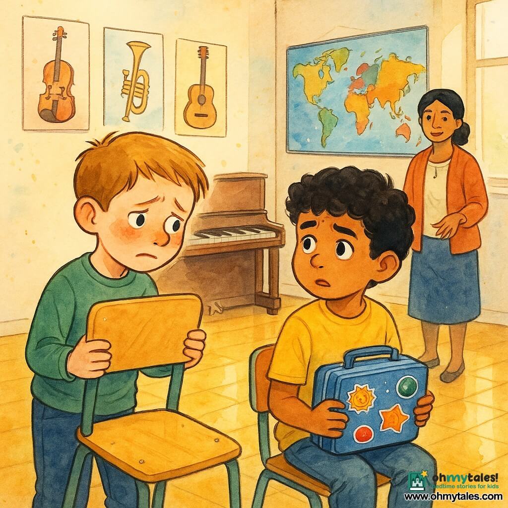 An 8-year-old boy, Leo, shy face with slightly red eyes, fair skin and short light-brown hair, holding a school chair with both hands, hesitant but determined, expression of remorse and courage; Amir, about 8, Middle Eastern, tan skin and curly black hair, holding a stickered lunchbox, surprised and slightly hurt, seated beside or a step behind Leo; Mrs. Rivera, a Hispanic woman in her 30s–40s with black hair tied back, standing by the piano, calm and caring with hands slightly open; a school music room with light walls, instrument posters, a colorful world map, stacked desks and chairs, shiny wooden floor and soft light from a high window; scene after rehearsal where Leo apologizes, composition centered on the two boys face-to-face with Mrs. Rivera by the piano, intimate sensitive ink lines with watercolor touches, warm colors for the characters and pastel tones for the room.