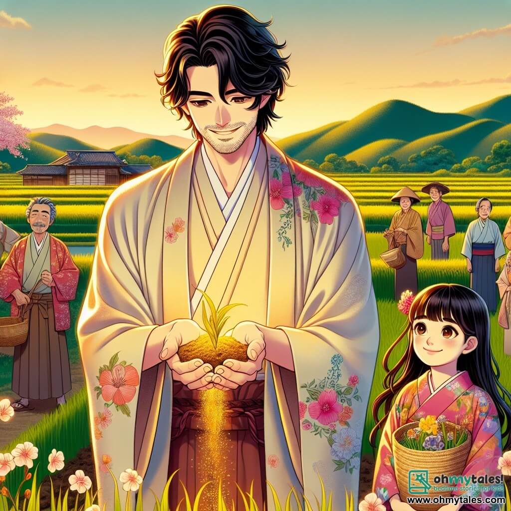 A man named Hiro, in his thirties, stands at the center of the scene with a warm smile on his face. He has slightly wavy black hair and wears a traditional lightweight kimono adorned with floral patterns. He is delicately planting a golden seed in fertile soil, symbolizing hope and magic. Next to him, an 8-year-old girl with long, smooth hair, wearing a colorful dress, watches in wonder, her eyes shining with curiosity as she holds a small basket of flowers she picked from the garden. In the background, a group of villagers of all ages gathers around Hiro, their faces lit up with excitement and hope, some carrying baskets and others gardening tools, ready to help with the planting. The scene takes place in a lush green field bathed in the golden light of the setting sun, with rice paddies stretching into the distance. Cherry blossom trees add delicate pink touches to the landscape, while rolling green hills rise on the horizon, creating a peaceful and magical atmosphere. The main focus shows Hiro planting the magical seed in the ground, surrounded by enthusiastic villagers, symbolizing unity and hope for a prosperous future through the magic of nature and human kindness.