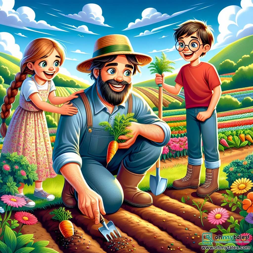 A joyful man with a smiling face and a bushy beard wears a straw hat and denim clothes. He is crouched in a green field, carefully planting seeds in the soil, his eyes sparkling with passion for nature. Next to him is a girl named Lily, about 8 years old, with braided brown hair and a floral dress, watching attentively while holding a small shovel. A boy named Max, 9 years old, wearing glasses and a red t-shirt, stands a bit further away, holding a freshly harvested carrot with a big smile on his face. The scene takes place in a sunny field surrounded by green hills, with rows of colorful vegetables and vibrant flowers swaying in the gentle breeze. The main moment shows the farmer and the children planting seeds together, symbolizing a love for nature and learning about the cycle of life.