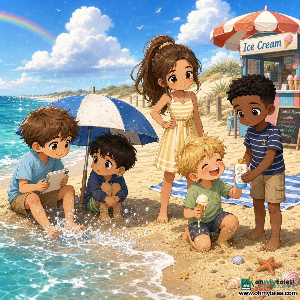 Five kids on a sunny golden-sand beach: Leo, ~12, light chestnut messy hair, big gentle eyes, pale blue T‑shirt and khaki shorts, sitting at the water’s edge smiling reassuringly at a lost little boy under a nearby umbrella while holding a white notebook; Mara, ~14, long brown hair in a ponytail, yellow-and-white striped lightweight dress, standing by the towel with a hand on her hip, watching protectively; Theo, ~12, tousled black hair, red T‑shirt, exuberant, running into the sea and splashing water with his feet; Jasper, ~12, blond hair, light green T‑shirt, laughing while eating a melting vanilla ice cream, sandy knees; Malik, ~12, short hair, olive skin, navy-striped T‑shirt, calm, standing next to Mara offering sunscreen to Jasper. The setting: bright beach with turquoise waves, low dunes and beach grass, a colorful kiosk reading “Ice Cream” and red-and-white striped parasols, light blue sky with a few fluffy clouds and a brief rain in the background just stopped. Mood: warm, joyful, children helping each other on the shore—Theo jumping into the water, Jasper enjoying melting ice cream, Malik applying sunscreen, Mara supervising, Leo sharing a reassuring smile with the lost boy, with splashes and visible grains of sand conveying friendly expressions and small acts of kindness.