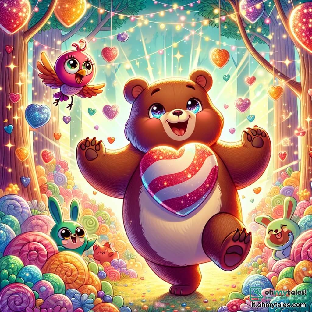 Un grande orso bruno, con un pelage morbido e occhi scintillanti di gioia, balla con entusiasmo in una foresta incantata, circondato da colori vivaci e luci scintillanti. Tiene una caramella gigante a forma di cuore in una zampa, sorridendo a denti stretti. Accanto a lui, un piccolo uccello dalle piume arcobaleno, con un'aria birichina e occhi brillanti, vola in cerchio, cantando allegramente e battendo le ali. Più lontano, una famiglia di conigli dalle grandi orecchie, con sorrisi radiosi, osserva la scena ridendo, pronti a unirsi alla festa. La scena si svolge in una foresta magica, dove gli alberi sono coperti di caramelle colorate e il terreno è tappezzato di fiori di zucchero. Raggi di sole filtrano attraverso il fogliame, illuminando l'atmosfera di un dolce calore. L'orso e i suoi amici celebrano insieme una grande festa delle caramelle, ballando e ridendo, circondati da dolci brillanti, creando un'atmosfera gioiosa e ludica.