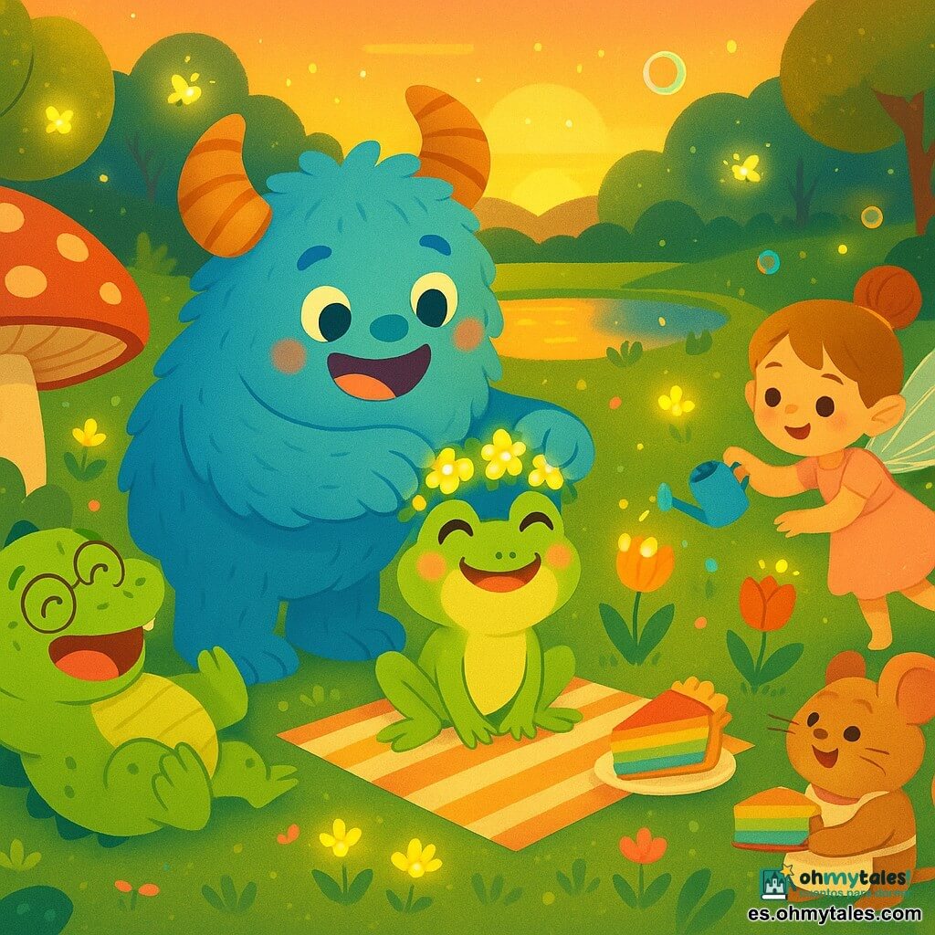 Un monstruo de peluche azul llamado Pompón, alegre y travieso, sonrisa amplia y ojos brillantes, cuernos de caramelo, patas como nubes y pelaje esponjoso, pone una corona de flores luminosas sobre la cabeza de Greta la rana; Bartolo, el pequeño dragón regordete y amistoso con escamas verdes brillantes y gafas redondas caídas en la nariz, ríe en el suelo junto a un gran hongo rojo; Lila, una niñafée delgada con vestido en tonos pastel y alas translúcidas que brillan, riega tulipanes cantores; Matías, el ratón pastelero pequeño y redondo con delantal enharinado, sostiene un trozo de tarta arcoíris; Greta, la rana contenta y saltarina con ojos redondos y corona de flores, salta cerca de un lago brillante; lugar: claro del Bosque Saltarín al atardecer con hierba verde salpicada de flores luminosas, hongos gigantes rojos y azules, luciérnagas y un lago espejo; escena: fiesta tranquila y cómplice alrededor de una manta a rayas con burbujas de jabón y confeti, luz dorada suave, composición centrada en Pompón colocando la corona, estilo vectorial nítido, colores vivos, texturas suaves y contornos redondeados.