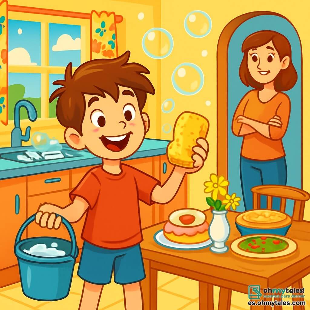 Un niño de 10 años, Lucas, con el cabello castaño alborotado y ojos brillantes de alegría, está de pie en una cocina luminosa, rodeado de burbujas de jabón. Lleva una camiseta roja y un pantalón corto azul, y sonríe con entusiasmo, sosteniendo una esponja en una mano y un balde de agua en la otra. Su mamá, una mujer de unos 35 años, con cabello castaño y una sonrisa dulce, está en la entrada de la cocina, con los brazos cruzados, visiblemente sorprendida y divertida por el esfuerzo de su hijo. La cocina está decorada con colores vivos, con paredes amarillas, cortinas de flores y una mesa de madera llena de deliciosos platillos. Lucas está limpiando la cocina para preparar una sorpresa para el Día de la Madre, mientras risas y burbujas flotan a su alrededor, creando una atmósfera alegre y cálida.