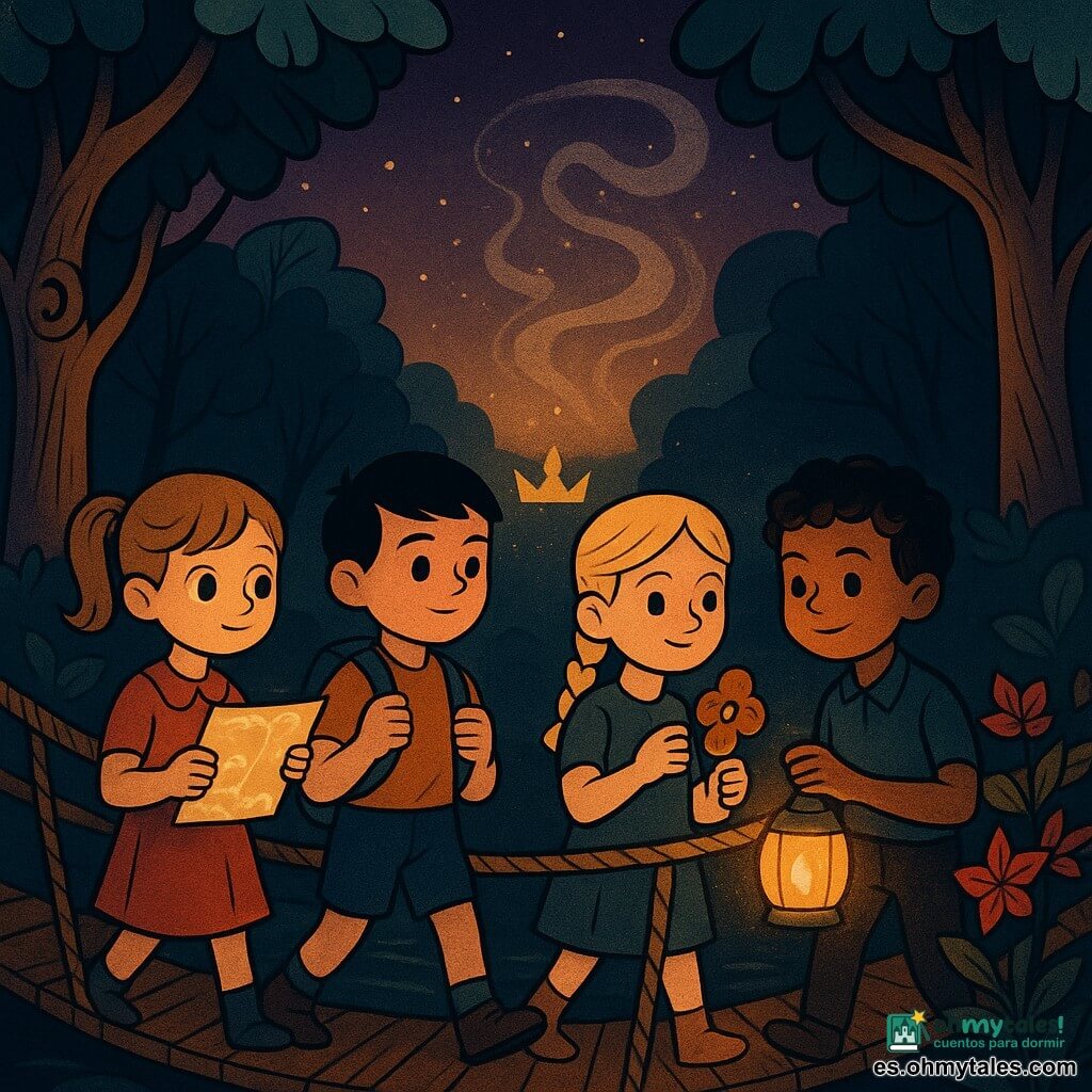Hay cuatro niños: Alba, 5 años, coleta castaña clara, grandes ojos curiosos, sostiene un pequeño cuaderno y mira una carta luminosa; Leo, 5 años, cabello negro corto, postura valiente, sujeta una cantimplora, está al centro-izquierda listo para avanzar; Nora, 5 años, trenza rubia, expresión astuta, tiene una galleta de miel partida en cuatro y mira flores de papel al centro-derecha; Tomás, 5 años, rizos oscuros, sostiene una lámpara de papel encendida a la derecha que proyecta luz cálida sobre sus rostros. El escenario: un viejo puente de cuerda sobre un río oscuro, un bosque encantado con troncos nodosos y hojas verdes, y al fondo un claro con una piedra y una corona brillante medio oculta por una risa de humo gris en espiral que destella. Atmósfera crepuscular con estrellas nacientes y siluetas de árboles estilizadas. Situación: los cuatro cruzan con cautela el puente; la lámpara de Tomás ilumina y disipa el humo seductor, la carta luminosa de Alba guía al grupo, las flores de papel junto al borde engañan la vista y la corona aparece tras el humo como señuelo; composición centrada, expresiones decididas y suaves, fuerte contraste entre la luz cálida y el humo frío, con texturas de cuerda, madera y polvo de humo brillante.
