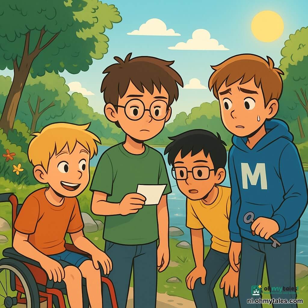 Er zijn 4 kinderen: - Timo: een 10-jarig jongen met rommelig bruin haar, die ronde bril draagt en een groene t-shirt heeft. Hij staat in het midden, met een klein stukje papier in zijn hand, geconcentreerd kijkend. - Sam: een 11-jarig jongen met kort blond haar en een ondeugende glimlach. Hij zit in een rode rolstoel, links van Timo, en kijkt aandachtig om zich heen. - Yasin: een 10-jarig jongen met zwart haar en rechthoekige bril. Hij staat rechts van Timo, voorovergebogen met een nieuwsgierige blik, klaar om vragen te stellen. - Milo: een 12-jarig jongen met kastanjebruin haar en een grote blauwe hoodie met een M op de voorkant. Hij staat iets op de achtergrond, met een sleutel in zijn hand, er nerveus uitziend. De locatie is aan de oever van een rustige rivier, omringd door groene bomen en kleurrijke bloemen. De zon schijnt en creëert glinsterende reflecties op het water. Platte stenen komen uit de grond, wat een perfecte plek biedt om te zitten en te observeren. De belangrijkste situatie toont de kinderen die praten over een mysterieuze verdwijning van jas, waarbij Milo zijn fout uitlegt, terwijl Timo aandachtig luistert, Sam grappen maakt om de sfeer te verlichten, en Yasin aantekeningen maakt in een klein notitieboekje. De sfeer is zowel serieus als vriendschappelijk, met een vleugje opwinding in de lucht.
