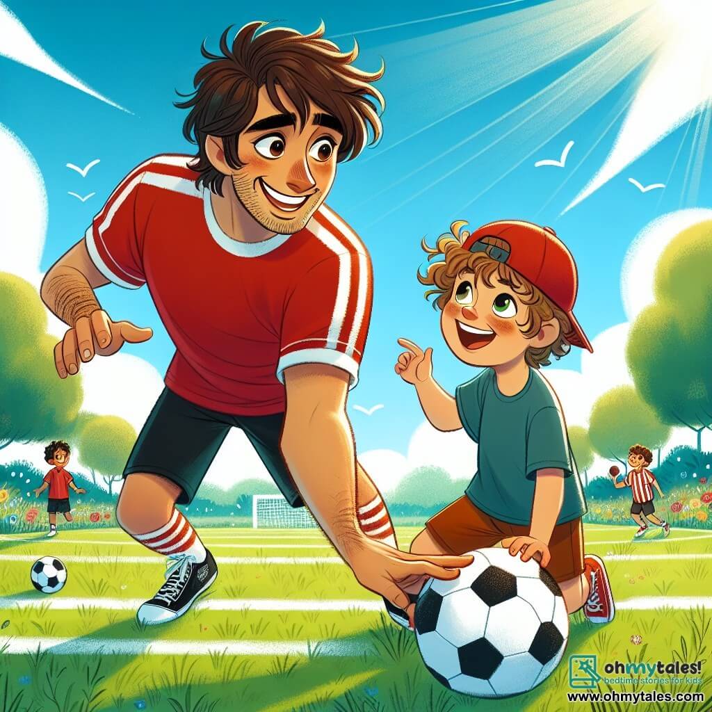 A young man named Leo, around 20 years old, is at the center of the image. He has messy brown hair, a bright smile, and is wearing a red football jersey with black shorts. Leo is dribbling a football on a green field, his face radiating joy and determination. Next to him, an 8-year-old boy named Max watches him with admiration. Max has curly hair and is wearing a red cap and a blue t-shirt. He holds a small football under his arm and smiles, ready to play. The setting is a beautiful sunny football field, surrounded by green trees and colorful flowers, with a blue sky dotted with white clouds. The main scene shows Leo teaching Max how to dribble the ball, while Max, full of enthusiasm, tries to imitate him. The atmosphere is joyful and full of camaraderie, illustrating the love of football and team spirit.