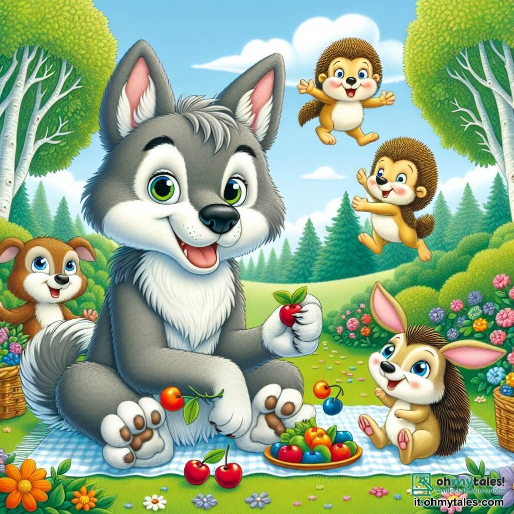 Un lupo di nome Lino, con un pelo grigio e occhi pieni di curiosità, si trova al centro dell'immagine, sorridendo gioiosamente mentre tiene delle bacche colorate tra le zampe. A sinistra, una piccola lepre dalle grandi orecchie e pelo marrone chiaro danza facendo piroette, piena di energia e gioia. A destra, un riccio dai pungiglioni dorati, che si rotola ridendo di cuore. Sullo sfondo, una bella radura verdeggiante, circondata da alberi maestosi, con fiori multicolori sparsi sul terreno. La scena mostra Lino e i suoi amici che fanno un picnic, con risate e allegria, sotto un cielo blu punteggiato di nuvole bianche e soffici.
