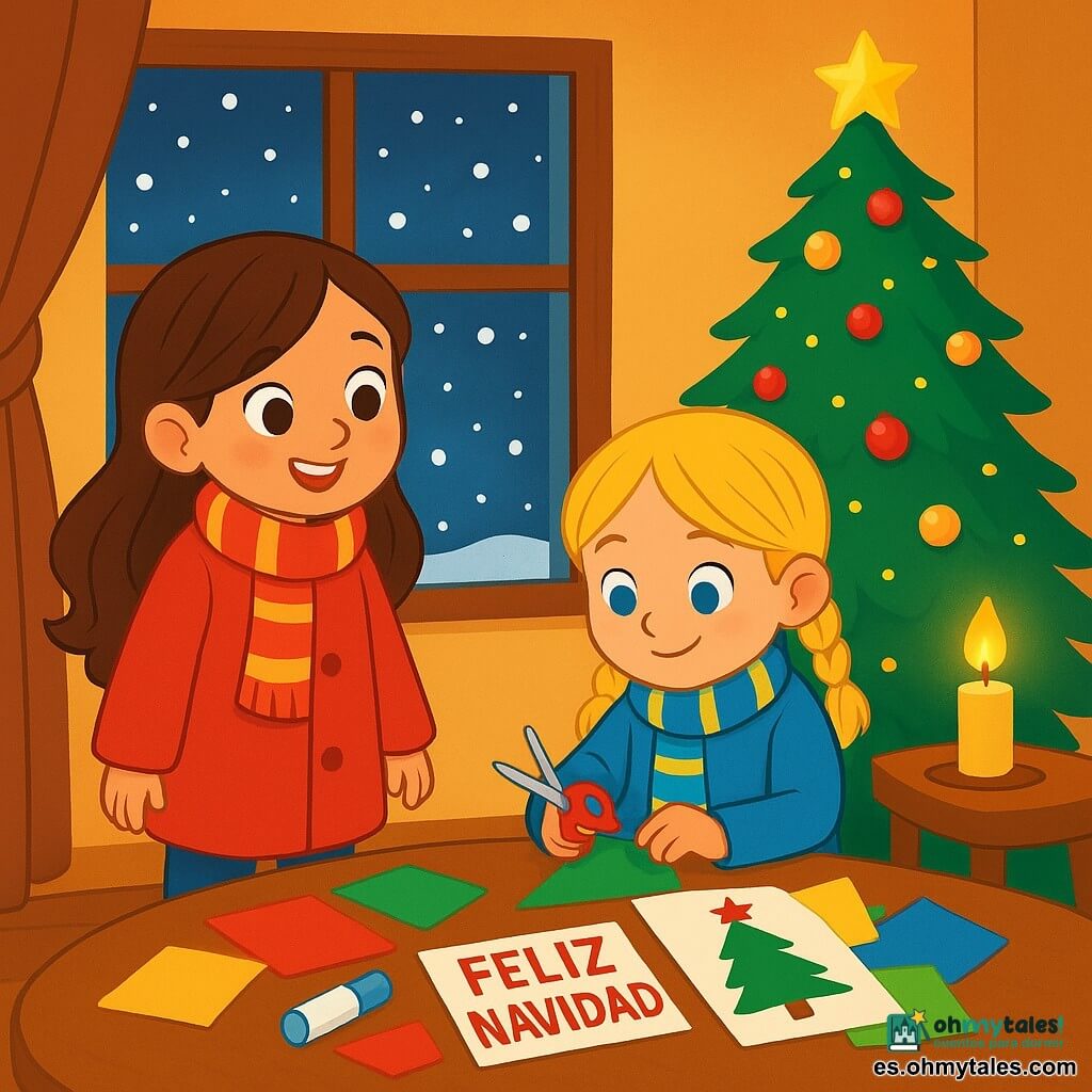 Hay 2 personajes principales: - Alba: una niña de 5 años, con largos cabellos castaños y ojos brillantes. Lleva un abrigo rojo vivo y una bufanda a rayas. Está de pie cerca de la ventana, mirando caer la nieve. - Lucía: una niña de 5 años, con trenzas rubias y ojos azules. Lleva un abrigo azul y una bufanda rayada. Está sentada en el suelo, rodeada de papeles de colores y tijeras, creando una tarjeta de Navidad. El lugar es una acogedora sala de estar decorada para Navidad. Un gran árbol brilla al fondo, adornado con bolas rojas y doradas, con una estrella brillante en la cima. La habitación está iluminada por la suave luz de una vela, y copos de nieve bailan afuera a través de la ventana. La situación principal muestra a Alba y Lucía haciendo una tarjeta de Navidad mágica para su vecina, la dulce Sra. Rosa. Las dos amigas están rodeadas de materiales coloridos, con sonrisas alegres en sus rostros, llenas de entusiasmo y creatividad.