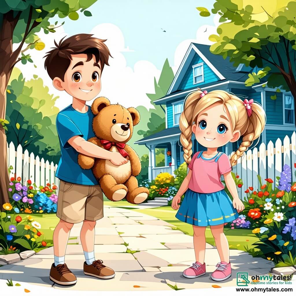 An 11-year-old boy, Leo, stands in the center of the image with messy brown hair and sparkling curious eyes. He wears a bright blue t-shirt and beige shorts, holding a large teddy bear under his arm, displaying a radiant smile of excitement and nervousness. To his right is his neighbor Emily, an 11-year-old girl with braided blonde hair and round glasses, joyfully smiling while holding a small box of colorful candies. She wears a floral dress and seems ready to share her treat with Leo. The setting is in front of Lincoln Middle School, a large red brick building with bright windows and colorful murals on the walls. Children are playing and laughing around them, creating a lively and joyful atmosphere. The main scene shows Leo and Emily standing in front of the school, ready to enter for their first day, surrounded by enthusiastic classmates, illustrating the excitement and apprehension of the new school year.