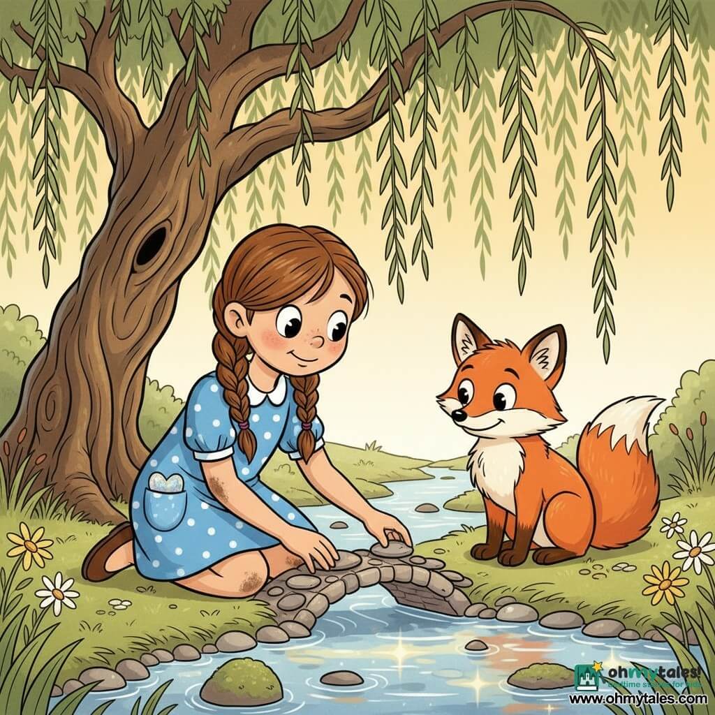 An 8-year-old girl, excited and serene, brown hair in braids, round bright eyes, simple blue polka-dot dress and dirty knees, kneeling on the bank arranging flat pebbles into a small bridge with a shiny heart-shaped stone in her pocket; a red fox with curious eyes, soft fur and a bushy tail sits a few paces on the opposite bank watching kindly with one ear up; an old weeping willow with drooping wide branches behind the girl, textured bark and long thin leaves touching the water casting dappled shade; a shallow stream with clear sunlit water, smooth pebbles, green moss and yellow and white wildflowers, warm pastel colors; main scene: the girl patiently and carefully builds the pebble bridge to help the fox cross, a tender moment in close-up in rounded, exaggerated retro cartoon style.