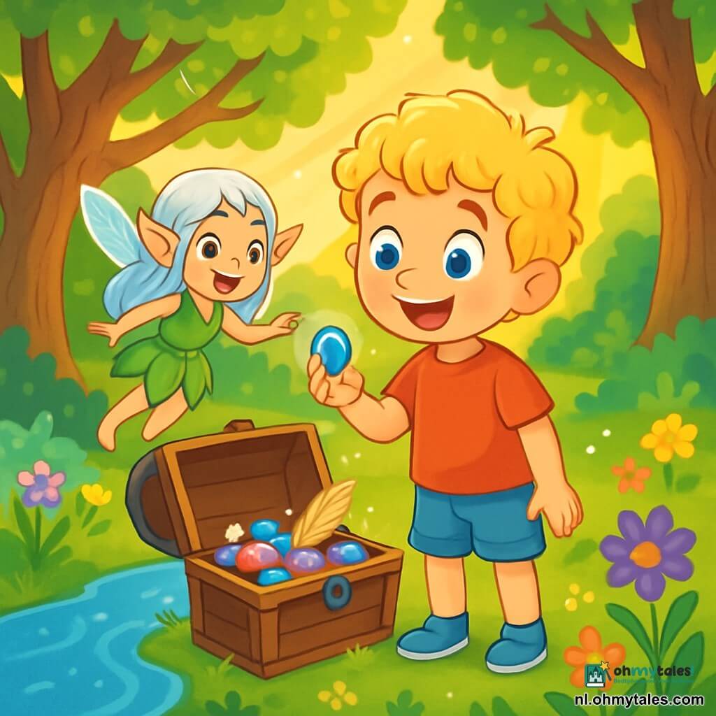 Een 6-jarig jongetje genaamd Max, met krullend blond haar en heldere blauwe ogen, staat aan de oever van een glinsterende rivier. Zijn gezicht straalt verwondering en opwinding uit, met een lichtroze blos op zijn wangen door het avontuur. Hij draagt een rood t-shirt en een spijkerbroek, en houdt een kleine glanzende steen in zijn hand. Naast hem zweeft een klein elfje genaamd Lila, met doorzichtige vleugels en zilverachtig haar, vrolijk in de lucht. Ze heeft een stralende glimlach en draagt een jurk van groene bladeren. Ze wijst naar de oude kist vol schatten die net achter Max staat. De locatie is een betoverende open plek, omgeven door grote bomen met knoestige stammen en stralend groene bladeren, verlicht door zonnestralen die door het loof breken. Kleurrijke bloemen sieren de grond en voegen tinten van geel, paars en roze toe. De hoofdscène toont Max die verwonderd de mysterieuze kist ontdekt, vol glinsterende stenen en glanzende veren, terwijl Lila hem enthousiast aanmoedigt, wat een magische en avontuurlijke sfeer creëert.