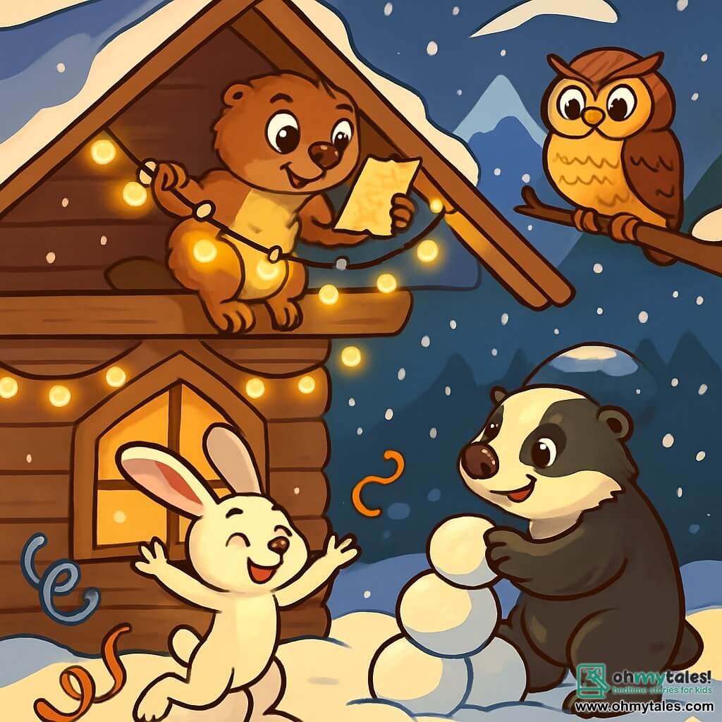 Milo, a small marmot with soft brown fur and large sparkling eyes, is perched on a wooden beam holding a shimmering string of lights. He looks excited and determined, ready to decorate for New Year's. Sasha, a lovely hare with big ears and snow-white fur, dances joyfully below, surrounded by colorful ribbons and smiling brightly. Boris, a stout badger with black and white fur, is stacking snowballs into a pyramid, showing a focused and amused expression. Greta, a wise owl with brown and golden feathers, is perched on a branch, watching the scene with a kind gaze and a slight smile. The setting is a large wooden chalet decorated with fairy lights, with gentle snowflakes falling outside and majestic mountains in the background under a starry sky. Milo discovers a secret message on an old napkin, intrigued and determined to uncover the hidden mystery before the festivities begin.