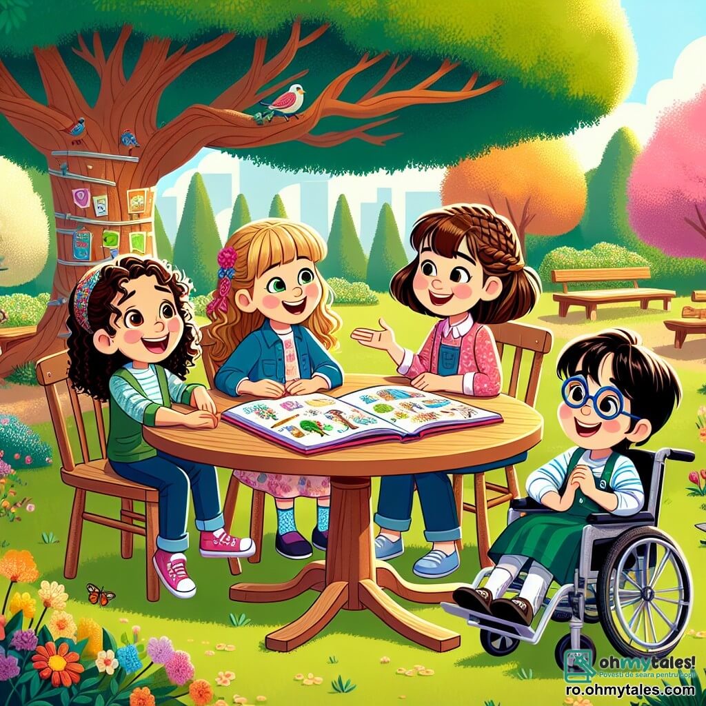 Într-un parc însorit, patru fete stau în jurul unei mese mari din lemn, înconjurate de verdeață. Ana, o fată de 10 ani cu părul castaniu și bucle, zâmbește fericită ținând o carte colorată. Maria, o fată de 9 ani cu părul blond și drept, stă pe un scaun, cu ochii strălucind de entuziasm, arătând cu degetul o pagină din carte. Ioana, o fată de 10 ani cu părul șaten deschis și o împletitură, stă în picioare cu brațele încrucișate, ascultând cu atenție prietenele sale cu un zâmbet încurajator. Ruxandra, o fată de 11 ani cu părul negru și ochelari, stă în scaunul ei cu rotile, cu mâinile pe cotiere, radiante de fericire. Parcul este plin de flori colorate, cu un copac mare cu frunze verzi care oferă umbră. Păsările cântă în crengi, iar un drum de pietriș se șerpuiește prin parc. Fetele discută entuziast despre cum vor împărtăși lecțiile învățate dintr-o poveste despre comunicarea cu părinții lor, pregătite să organizeze o întâlnire surpriză pentru familiile lor.