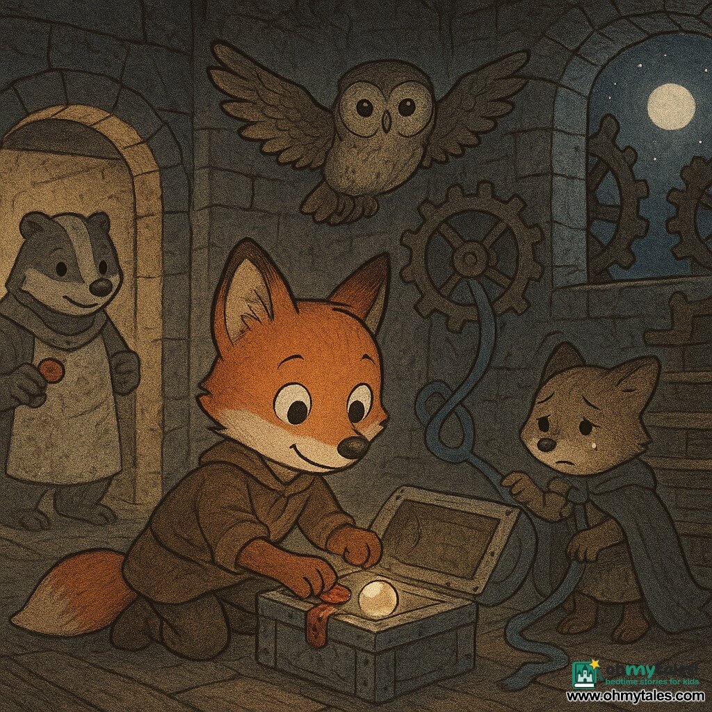 A small anthropomorphic fox named Sunny with bright russet fur, round curious eyes and a determined smile kneels before an open stone chest, gently holding a nacreous pearl and pressing a red wax seal onto the chest; a shy kit in a gray cloak with drooping ears and tearful eyes is tangled in a blue ribbon caught on a gear just behind Sunny, reaching a paw to help; the old owl Mable with gray-brown feathers and wise eyes hovers near the tower ceiling looking down with approving light, while Mrs. Badger Bella in a flour-dusted apron stands in the doorway lit by a warm lantern holding a small red wax stamp; the scene is the upper room of a broken clock tower—worn stone walls, creaking wooden stairs, large patinated iron gears, silver moonlight through a broken window and floating dust—Sunny seals the magical pearl in the chest, creating a soft halo of light as the trapped kit is soothed and the villagers watch in a warm, hopeful nocturnal atmosphere.