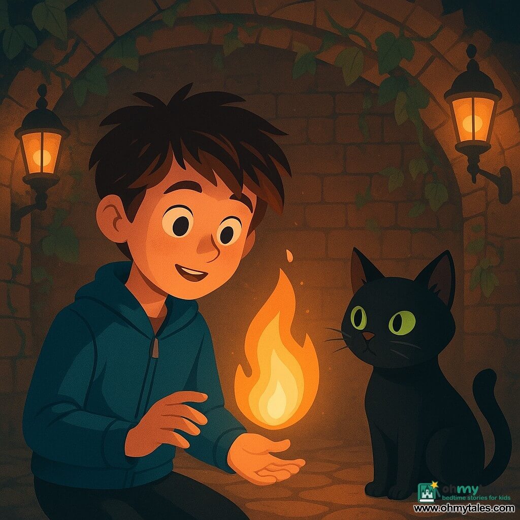 A 10-year-old boy named Leo, with tousled brown hair and wearing a blue jacket, gazes in wonder at a gentle amber flame in an underground room. His eyes sparkle with curiosity and fascination. Next to him, a black cat named Soot, with piercing green eyes, sits on its hind legs, observing the scene with a wise expression. The cat is to Leo's right. The background features an old brick wall covered in ivy, with street lamps gently leaning inward, casting a warm, golden light. The main scene depicts Leo and Soot in a magical moment, where the flame seems to calm and glow softly, filling the room with a comforting and soothing light.