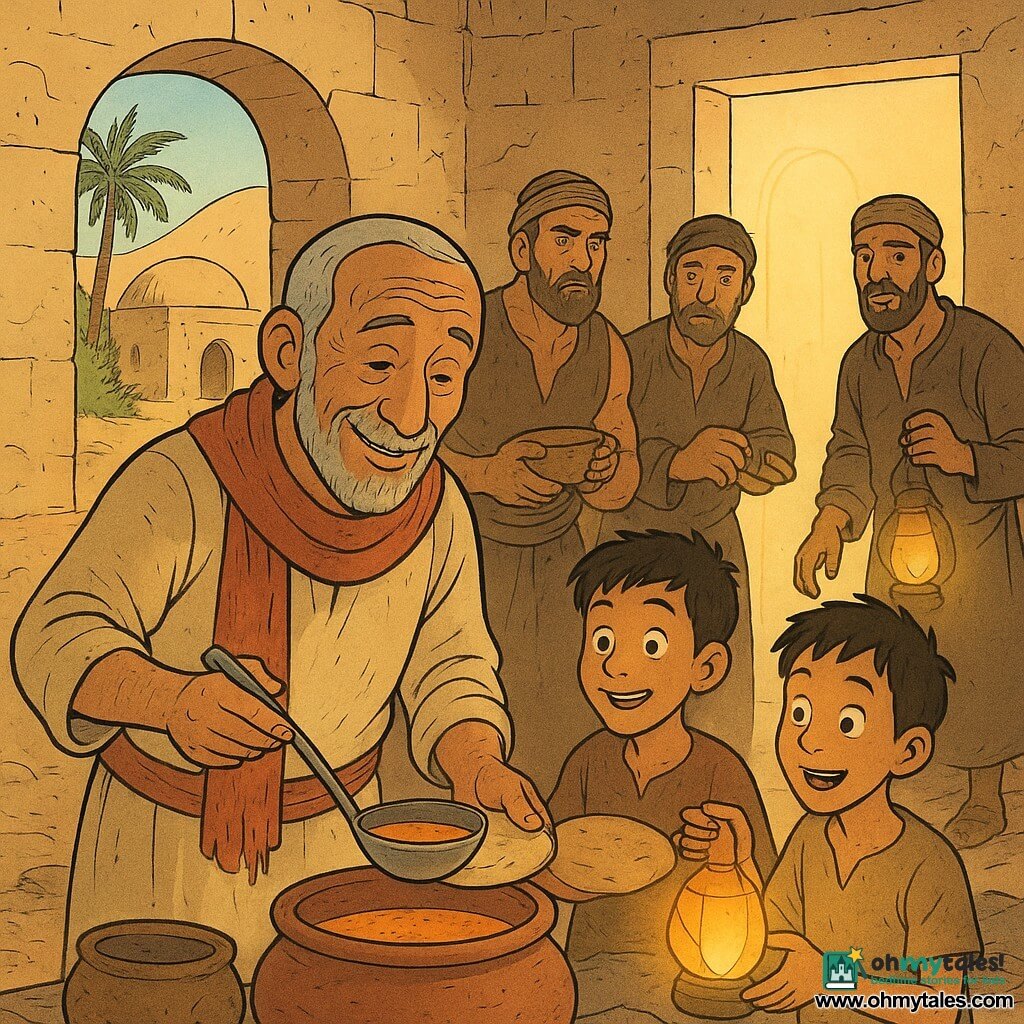 A warm-faced, wrinkled man (Yusuf) in a simple beige tunic and worn red scarf timidly determinedly pours thick soup from a large metal ladle into a bowl on a clay pot at center; to his left a smiling market boy (about 12) with short dark hair holds a flatbread, to his right a thin lively boy (about 11) holds a lit paper lantern with wonder; three male raiders (25–35) — a tall muscular tattooed man hesitating with a bowl of soup, a smaller tired-faced man who has just grabbed bread, and a reserved man watching a glowing doorway with his hand on a half-lit lamp — stand in a small desert shrine with a low ivory dome, cracked sandy stone walls, a shallow pool, palm trees and golden dunes behind, scattered stones and rolled rugs; Yusuf offers soup and lights small paper lamps, the warm meal and soft lamp light contrast with the harsh raiders while a floating door of light glows behind them; warm ochre, brown and red palette, soft contrasts, clear expressive lines suitable for children.