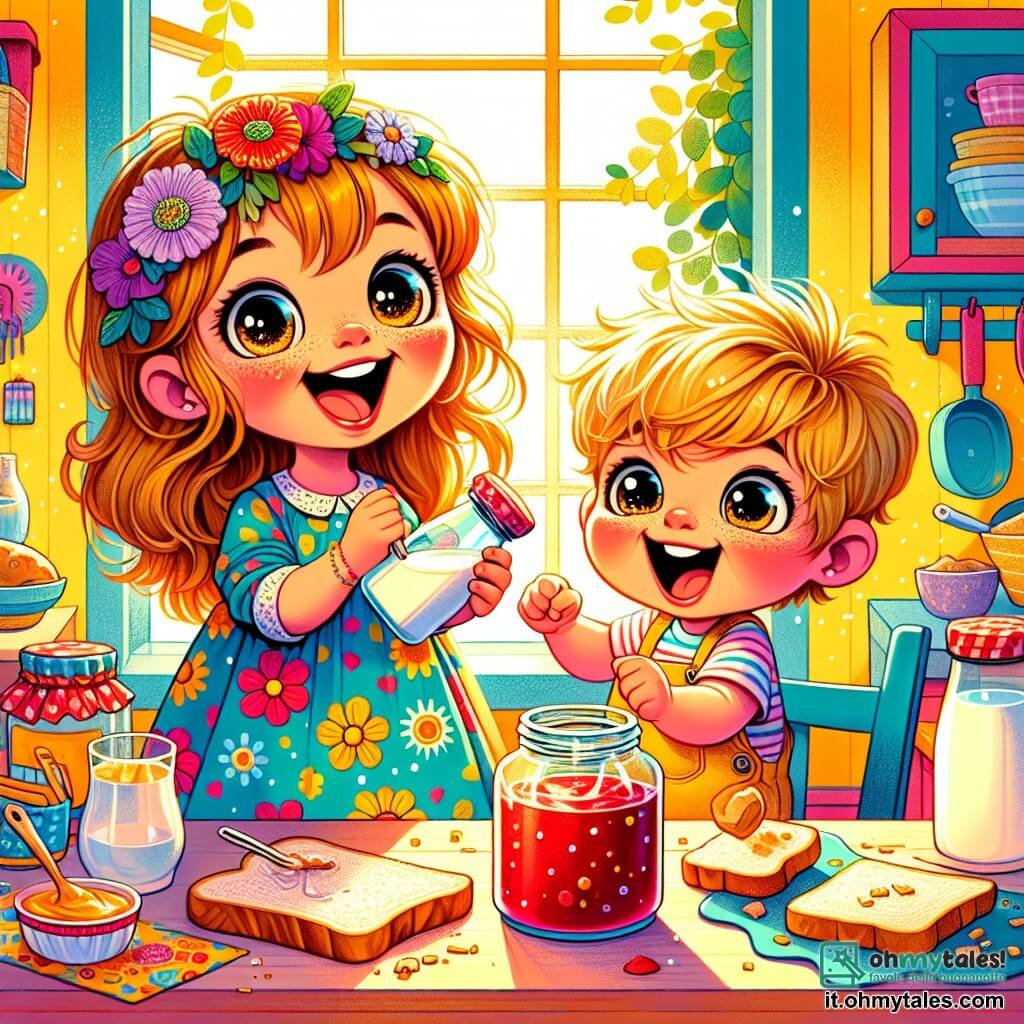 Una bambina di 4 anni, di nome Anna, con lunghi capelli castani e occhi scintillanti di gioia, è in piedi su una sedia, con un grande sorriso sul volto. Indossa un vestito a fiori colorati e tiene una bottiglia di latte tra le mani. Accanto a lei, suo fratello di 2 anni, Luca, con i capelli biondi in disordine e le guance rotonde, è seduto sul bordo del tavolo, con gli occhi spalancati per l'emozione, mentre punta un barattolo di marmellata. La scena si svolge in una cucina soleggiata, con pareti gialle e finestre aperte che lasciano entrare la luce. Sul tavolo ci sono pane, un barattolo di marmellata rossa e briciole sparse, testimoni della loro gioiosa preparazione della merenda. Anna sta cercando di aprire il barattolo di marmellata, con un'espressione determinata, mentre Luca, divertito, assaggia una goccia di marmellata caduta sul tavolo, ridendo di felicità.