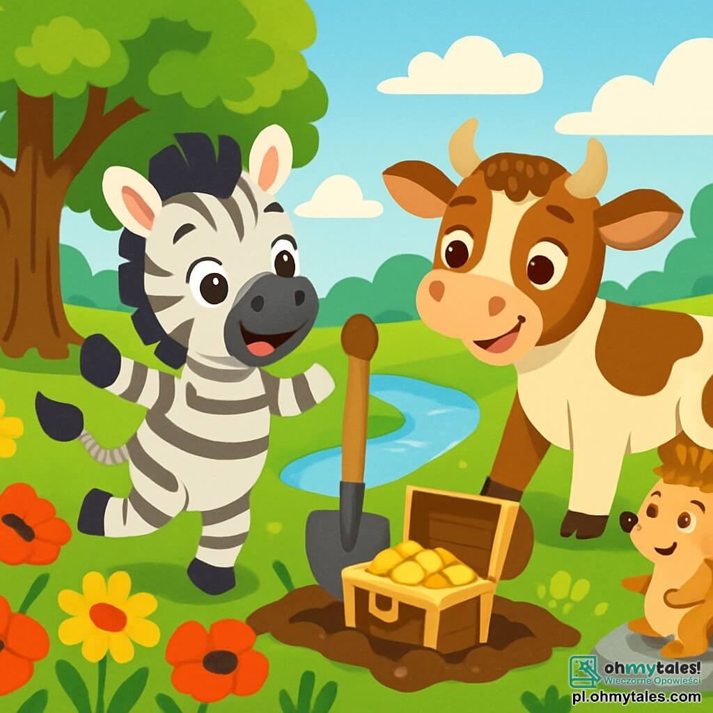 Mały zebra w szare i białe paski, z dużymi, błyszczącymi oczami, skacze z radości po kwiecistej łące, otoczony czerwonymi makami i żółtymi stokrotkami. Obok niego młoda krowa w brązowo-białym umaszczeniu, z przyjaznym uśmiechem, śmieje się do Kacpra, jej duże uszy są postawione, podczas gdy mały jeż z złotymi kolcami, siedząc na kamieniu, obserwuje ich z ciekawością, jego oczy lśnią ekscytacją. W tle majestatyczny dąb oferuje cień, a lśniący strumień wije się przez zieleń, odbijając niebieskie niebo z białymi chmurami. Kacper i jego przyjaciele szukają ukrytego skarbu, radośnie przekopując ziemię drewnianymi łopatami, pełni entuzjazmu i przyjaźni.