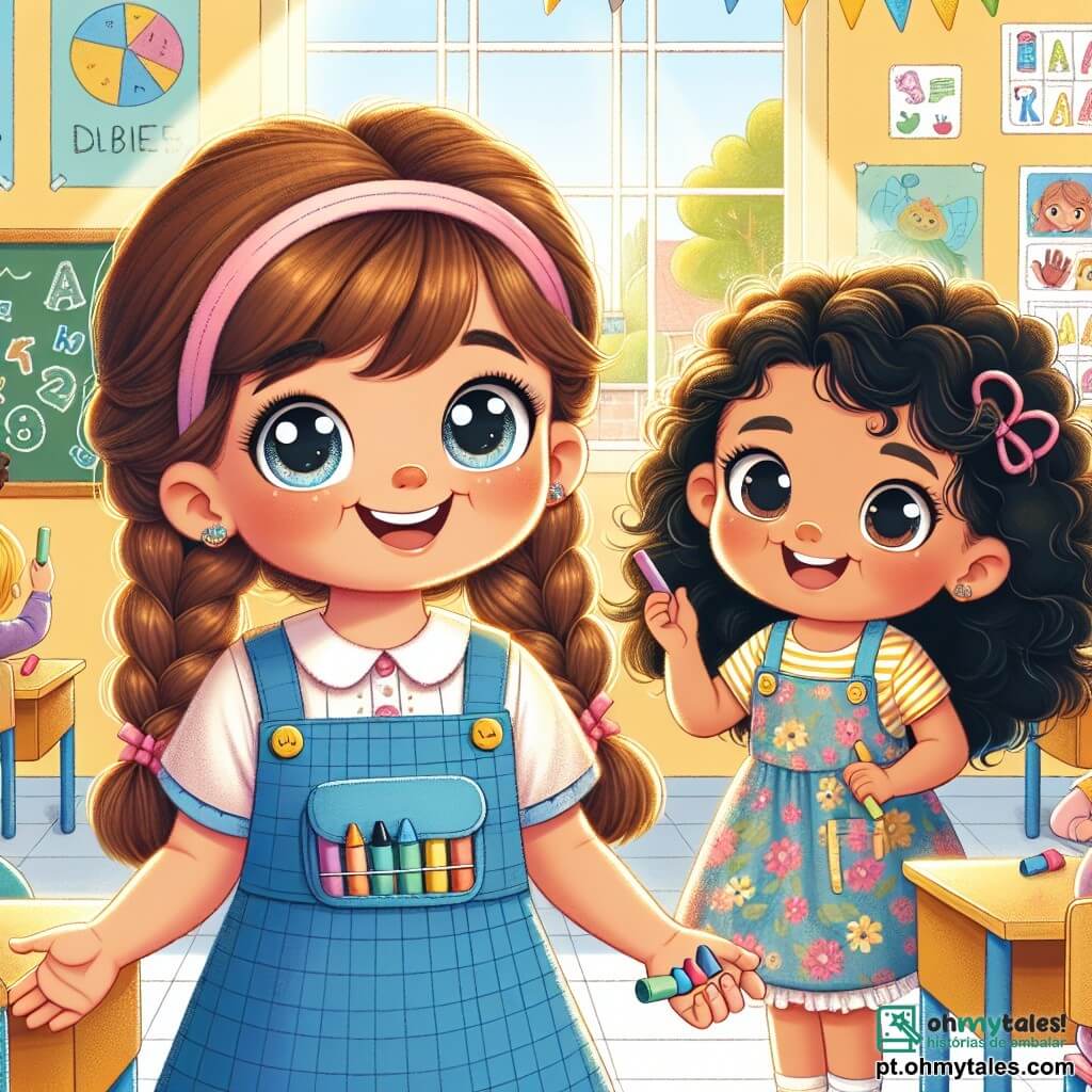 Clara, uma menina de 6 anos com grandes olhos brilhantes e cabelos castanhos trançados, está de pé no centro do palco, sorridente e cheia de entusiasmo, vestindo um uniforme escolar azul e uma linda mochilinha colorida nas costas. Ao seu lado, Sofia, outra menina de 6 anos com cabelos cacheados e negros, está rindo, vestida com um vestido florido, segurando um giz colorido na mão, pronta para desenhar. O cenário se passa em uma sala de aula iluminada, com paredes pintadas de amarelo pastel, cartazes coloridos no quadro negro e janelas que deixam entrar a luz do sol, iluminando as mesas de madeira onde outras crianças estão sentadas, concentradas em seus desenhos. A situação principal mostra Clara e Sofia se preparando para uma grande apresentação sobre o tema do alfabeto, cercadas por seus colegas que desenham e se divertem, criando uma atmosfera alegre e colaborativa.
