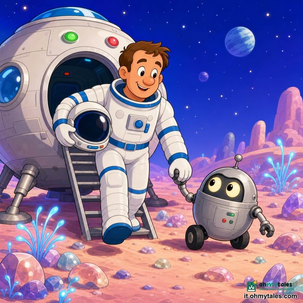 Luca è un uomo adulto dal viso rotondo e sorridente, capelli castani corti; indossa una tuta spaziale bianca lucida con bande blu e porta il casco sotto il braccio, è gioioso e meravigliato mentre posa il primo piede sul suolo di un nuovo mondo. Pippo è un piccolo robot tondo non umano, carrozzeria argentata opaca, due grandi occhi rotondi luminosi e piccole ruote, tiene la mano di Luca e osserva curioso a lato. Dietro di loro è parcheggiata un'astronave tondeggiante bianca con luci rosse e verdi, scala spiegata e oblò brillanti. Il suolo è sabbia rosa pallido con pietre traslucide e piccole piante blu luminose che ondeggiano. Scena centrata, colori vivaci, contorni netti, stile cartoon anni '90, atmosfera calma e calda, espressione di meraviglia e amicizia mentre scendono la scala.