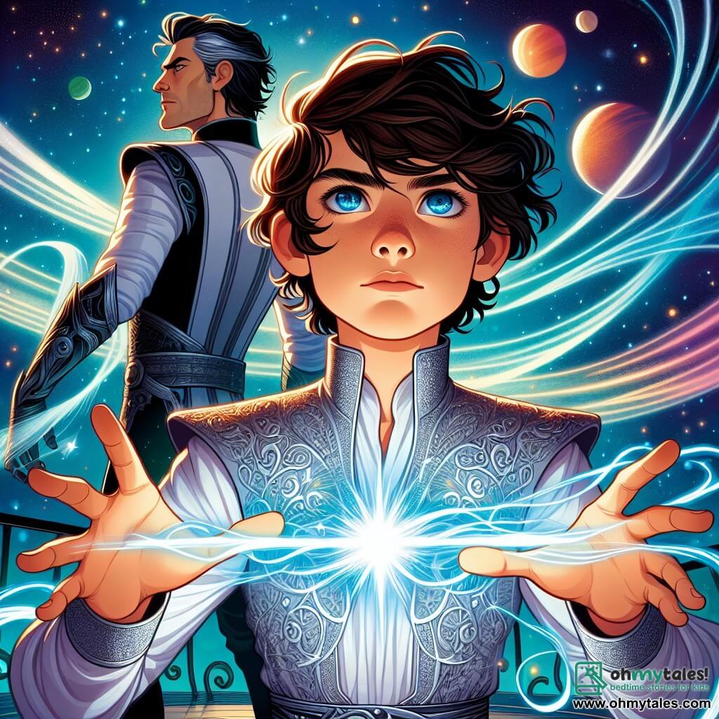 In the center of the image, Alaric Thorne, a twelve-year-old boy, stands proud and determined. He has tousled brown hair, deep blue eyes, and wears a silver tunic adorned with shimmering runes. His face shows intense concentration as he channels powerful magic, a bright light emanating from his hands. Beside him, his father, a man in his forties with black hair sprinkled with gray, displays a look of pride and protection. He is dressed in futuristic armor, firmly holding the spaceship's control panel, ready to support his son in this crucial moment. In the background, the spaceship, the Celestial Dreamer, majestically floats in the vastness of space, surrounded by colorful planets and twinkling stars. Flashes of light and swirling shadows create a dynamic and magical atmosphere. The scene depicts Alaric unleashing powerful light energy to combat a dark figure looming on the horizon, symbolizing the evil sorcerer. The tension is palpable, and hope shines in Alaric's eyes as he prepares to confront the darkness.