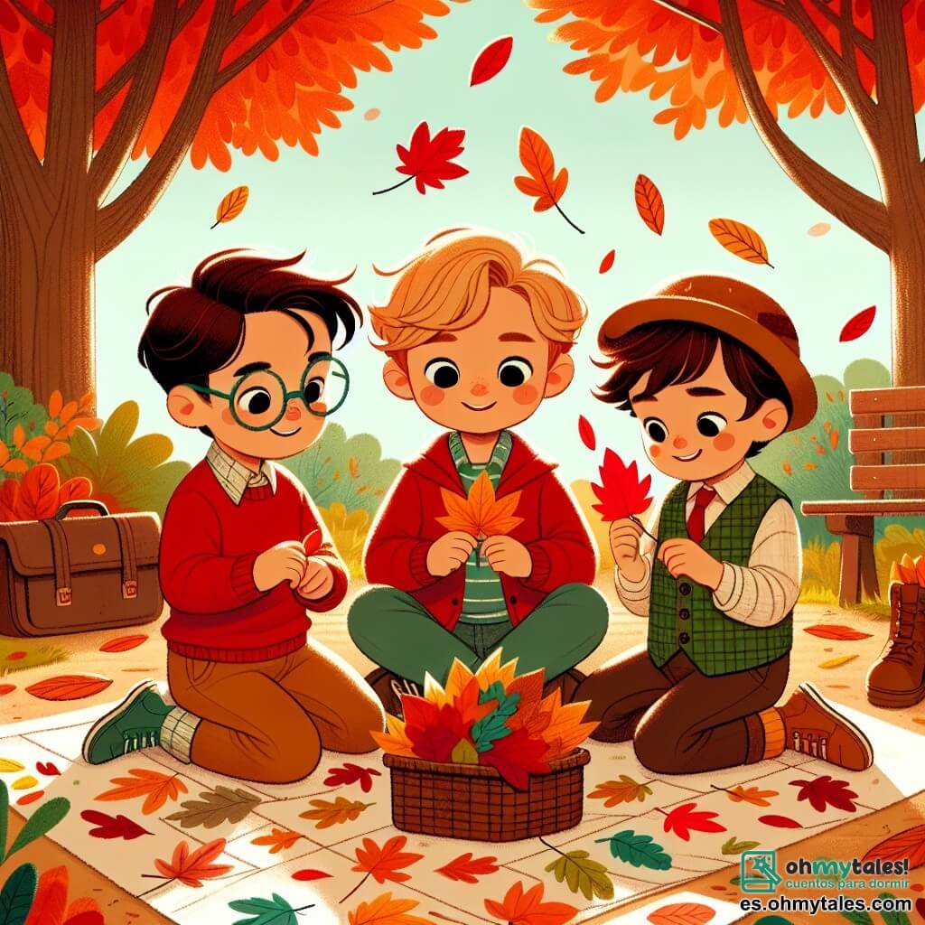 Tres chicos, Lucas, Mateo y Samuel, de 8 a 9 años, están en el centro de un parque en otoño. Lucas, con cabello castaño y gafas, lleva un suéter rojo y sonríe sosteniendo una hoja roja brillante. Mateo, con cabello rubio y rizado, viste una chaqueta naranja y mira una hoja naranja que tiene en las manos. Samuel, con cabello castaño y un sombrero de fieltro, lleva un chaleco verde y observa las hojas que caen con asombro. El parque está lleno de árboles majestuosos con hojas brillantes en tonos rojos, naranjas y amarillos. Rayos de sol se filtran a través de las ramas, creando sombras danzantes en el suelo cubierto de hojas. Los tres amigos están sentados en un banco de madera, rodeados de hojas que han recolectado, creando un collage colorido en una gran hoja de papel. Ríen y comparten recuerdos de otoño, mientras una suave brisa hace girar algunas hojas a su alrededor, añadiendo un toque mágico a su momento creativo.