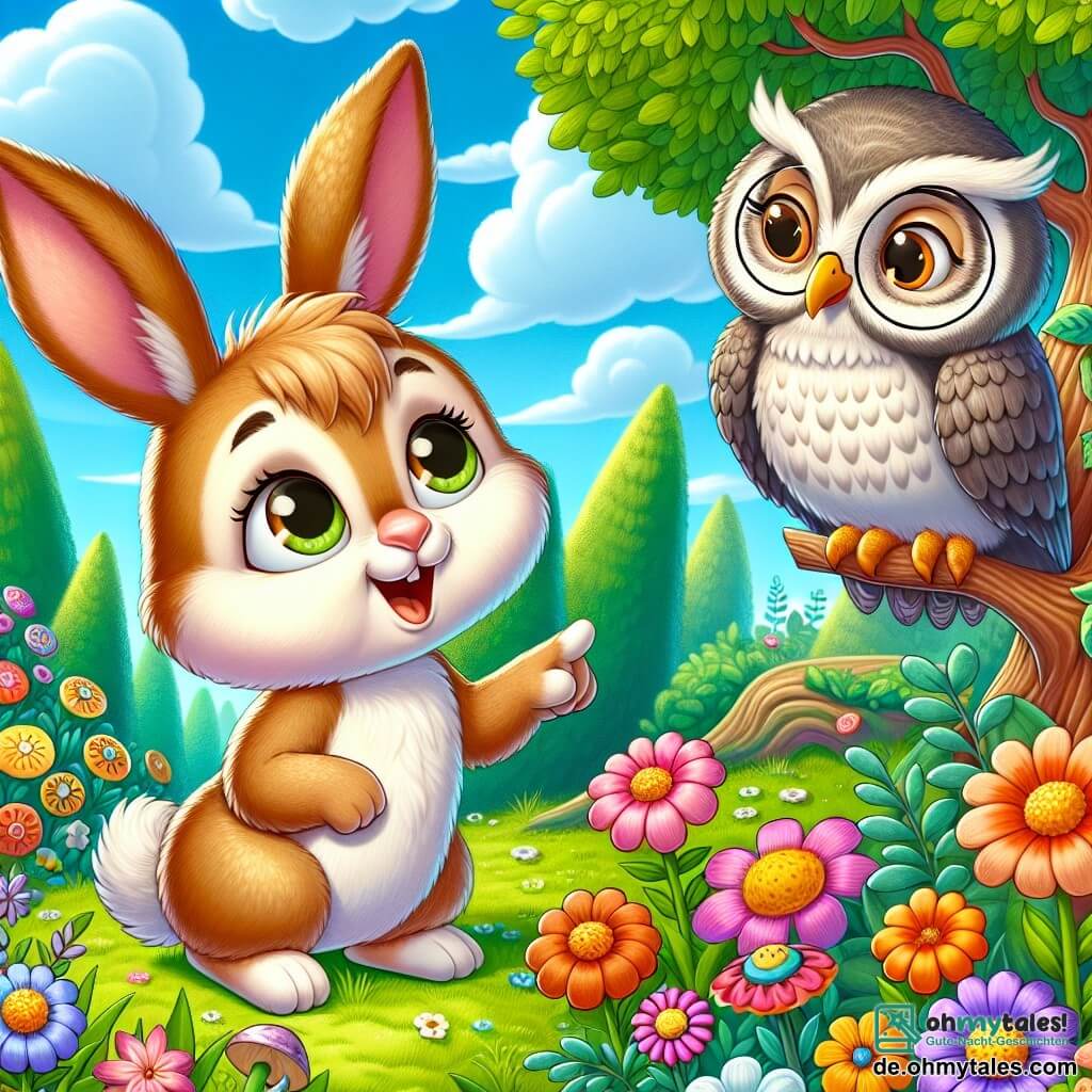 Ein kleiner Hase namens Linus mit großen Ohren und weichem, braunem Fell schaut neugierig und staunend, seine Augen sprühen vor Fragen. Er steht auf einem kleinen, grünen Hügel, umgeben von bunten Blumen, die Geheimnisse zu flüstern scheinen. Neben ihm sitzt eine alte Eule namens Eulalia mit grauem Gefieder und runden Brillen, die Linus mit einem weisen Lächeln beobachtet, ihre Augen glänzen vor Verständnis. Sie sitzt auf einem Ast, umgeben von leuchtend grünen Blättern, und scheint bereit, ihr Wissen zu teilen. Der Ort ist ein magischer Garten, gefüllt mit lebhaften Blumen, großen Bäumen mit knorrigen Stämmen und einem strahlend blauen Himmel, der mit fluffigen Wolken bedeckt ist. In dieser Szene fragt sich Linus, warum er hier ist, während Eulalia ihm Ratschläge gibt und eine Atmosphäre des Staunens und der Entdeckung schafft.