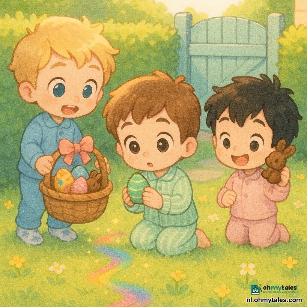 Drie jongens: Milo (±6) met kort bruin haar en een lichtgroen gestreept pyjama knielt middenvoor bij een rieten mandje en houdt een groen gestreept chocolade-ei; Bo (±5) met blond haar en een blauw pyjama staat links, houdt het mandje met beide handen en kijkt verwonderd; Sam (±4) met warrig zwart haar en een lichtroze pyjama staat rechts en houdt een klein chocoladekonijntje bij zijn oor. Tuin in lente: glanzend groen gazon met kleine gele en witte bloemen, dichte groene haag, grijs steenpad en een lichtblauwe houten tuinpoort op de achtergrond, zachte ochtendlichtsfeer. Situatie: de jongens ontdekken een mandje onder de haag dat versierd is met een roze lint en gevuld met kleurige eieren (goud, blauw met stippen, roze gestreept) en kleine chocoladekonijntjes; regenboogvoetjes leiden van de haag naar het mandje met gouden vonkjes eromheen; vrolijke, verbaasde chibi-kawaii stijl, felle kleuren en zachte texturen.