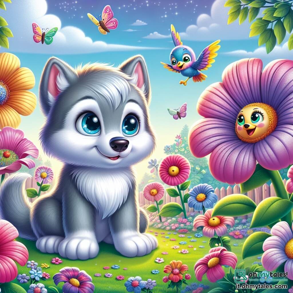 Un piccolo lupo di nome Lupoletto, con un pelo morbido e argentato, occhi brillanti di curiosità e un grande sorriso, si trova al centro di un giardino magico, circondato da fiori colorati che sembrano danzare. A destra, un uccello dalle piume blu e gialle, con uno sguardo gioioso, canta allegramente, le ali leggermente spiegate. A sinistra, fiori dai volti sorridenti, con petali rosa e viola, si piegano verso Lupoletto, come se lo ascoltassero attentamente. Il giardino è pieno di fiori giganti dai colori vivaci, con foglie lucenti e farfalle che svolazzano, sotto un cielo azzurro chiaro punteggiato di nuvole soffici. Lupoletto condivide la sua scoperta sull'amore e l'amicizia con i suoi nuovi amici, mentre i fiori e l'uccello lo ascoltano con meraviglia, creando un'atmosfera di gioia e magia.
